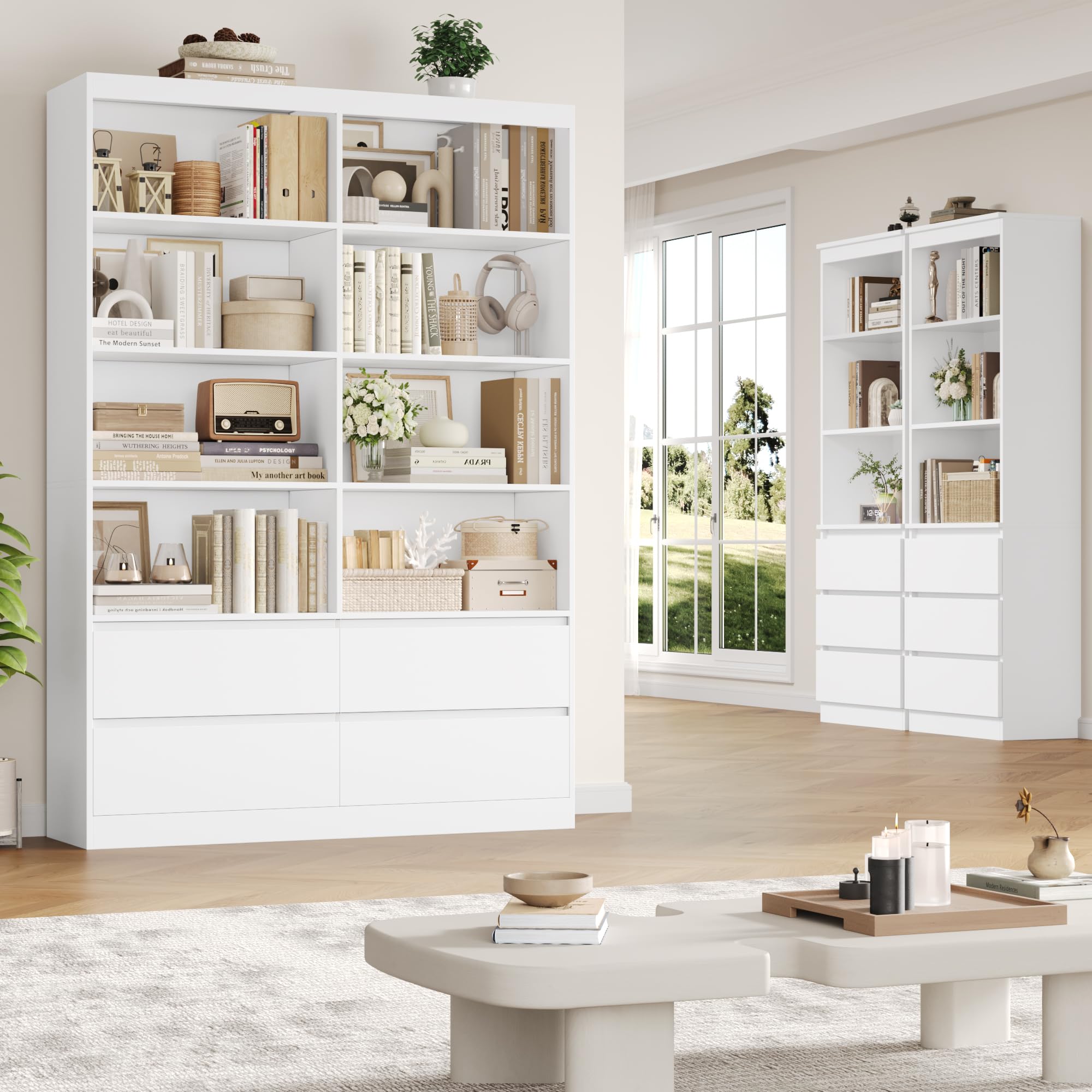 FirFurd Libreria Scaffale 180 cm,Grande libreria Alta, Libreria Verticale in legno, divisorio per Ambienti,con 4 cassetti e 8 scomparti, per Soggiorno, Ufficio, Cucina, 180 x 120 x 30 cm (Bianco)