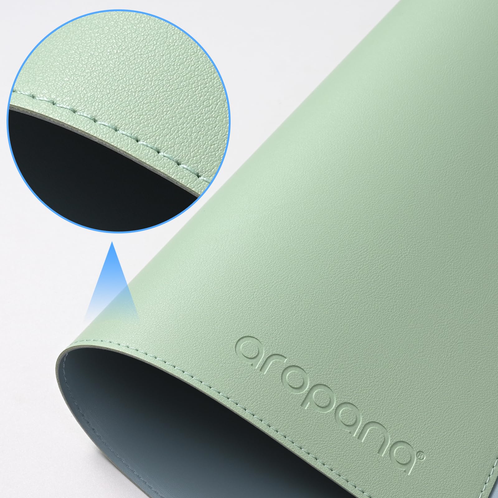 AROPANA Vegan Leather Desk Mat 60x35cm | Large Reversible Mouse Pad & Computer Table Protector | Dual-Side Waterproof Extended Laptop Pad with Edge-Stitched Design (Light Green and Blue) 1