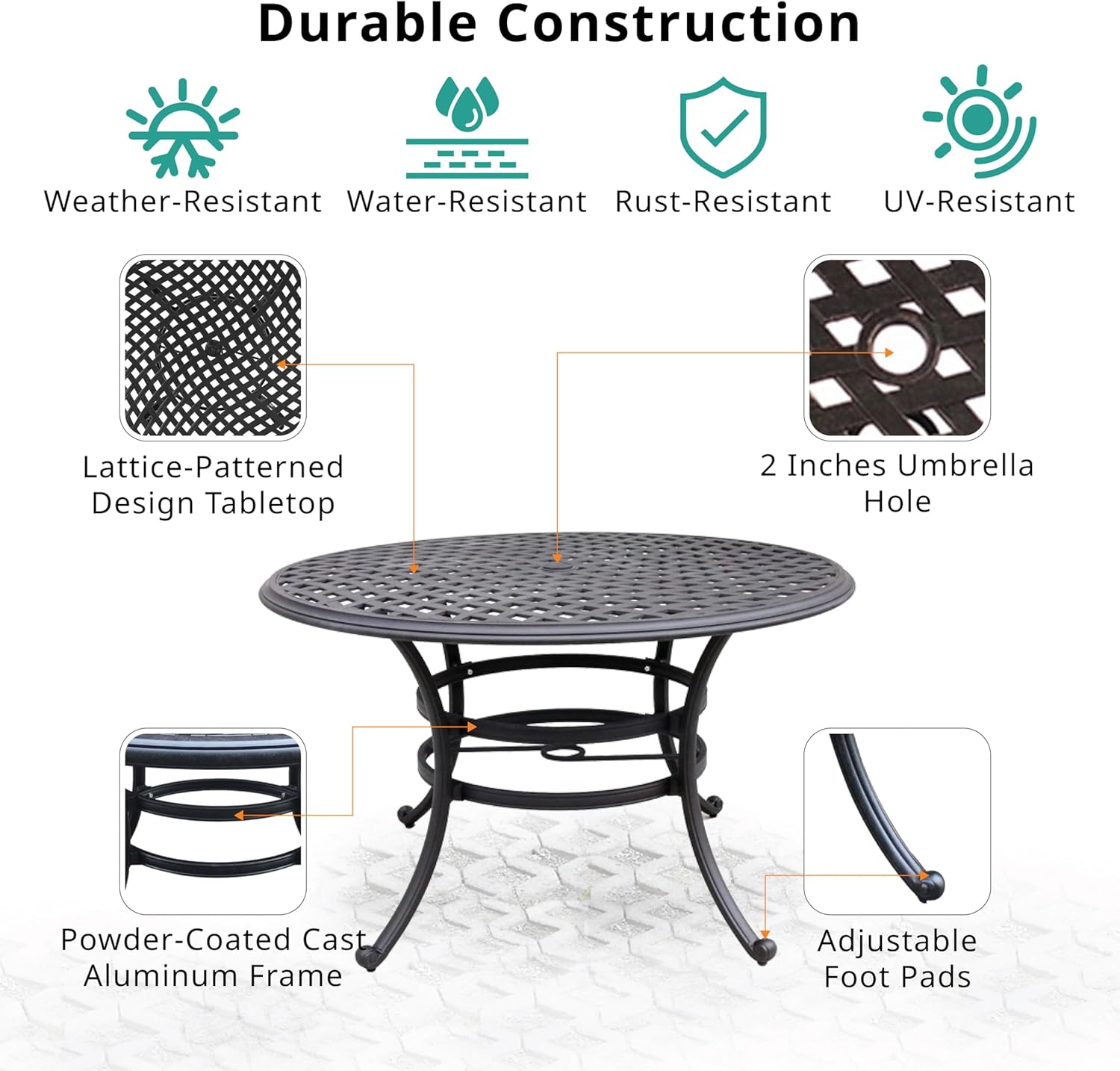 Penau Round Dining Table Outdoor Patio Aluminum Frame Brown 49 Inchs Diameter 29 Inchs Height with Umbrella Hole