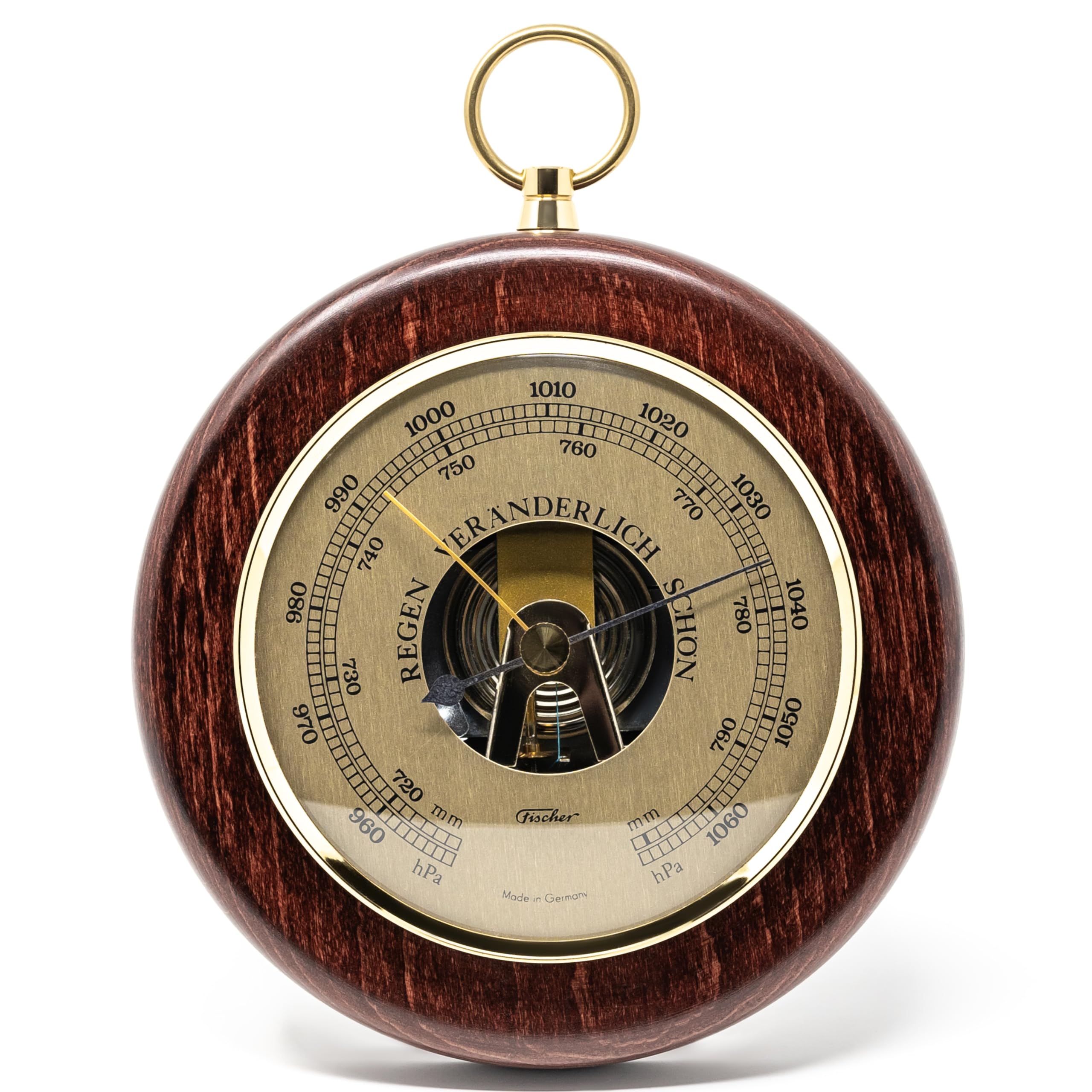 Fischer 1366R-22 Barómetro - Medidor de presión de 140 mm con carcasa de madera auténtica teñida color caoba - Latón - Fabricado en Alemania