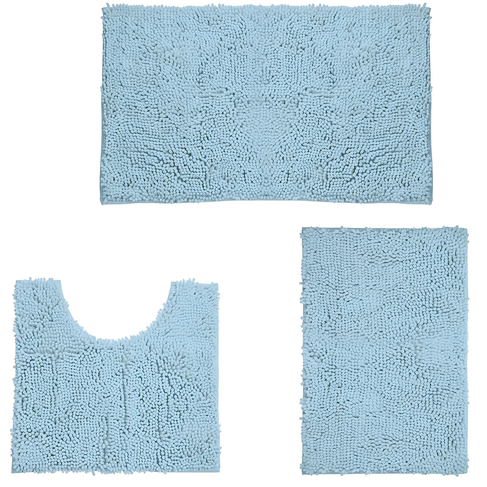 Juego de 3 alfombras de baño de microfibra de felpilla azul cielo, incluye tapetes grandes de 31 x 19 pulgadas, 19 x 19 pulgadas en forma de U y 15.5 x 23 pulgadas, antideslizantes, ultrasuaves y