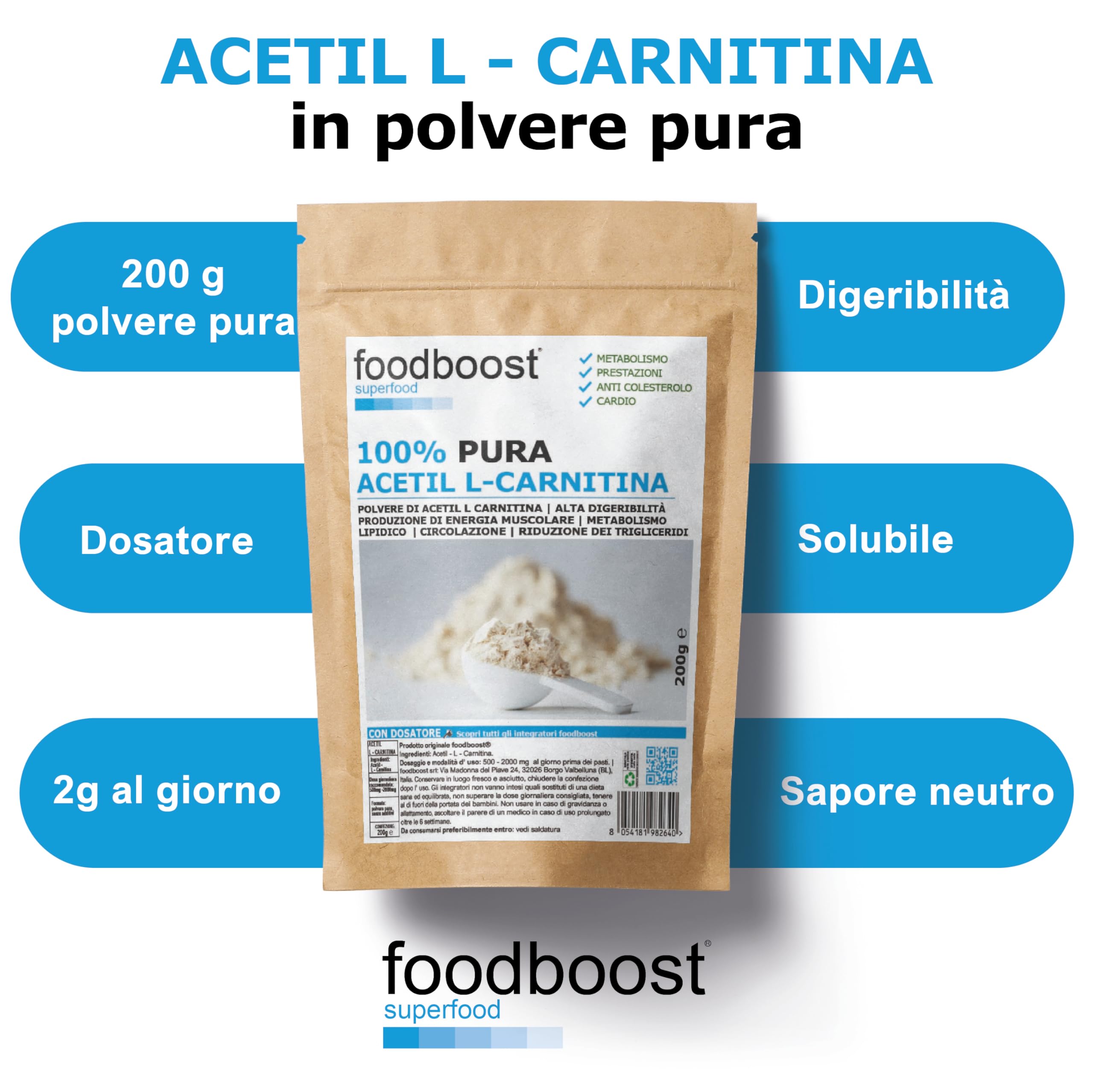 foodboost, Acetil L - Carnitina pura in polvere 200g senza additivi - con dosatore - per dimagrimento, bruciagrassi marchio di fiducia italiano, pre workout - 100 DOSI