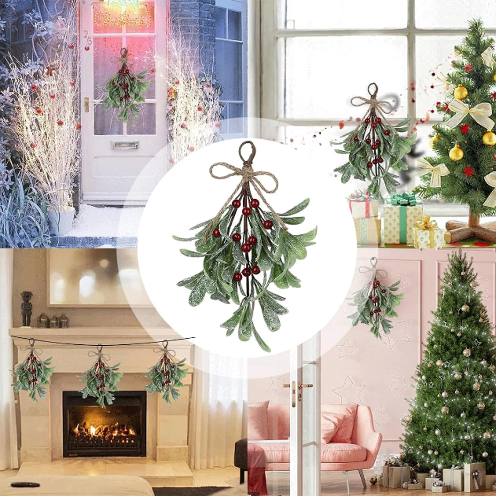 5 Stück Weihnachtskranz, verschneite Mistelzweig-Dekoration, glitzernde Heimdekoration, Festliche künstliche Nachahmung von Pflanzen