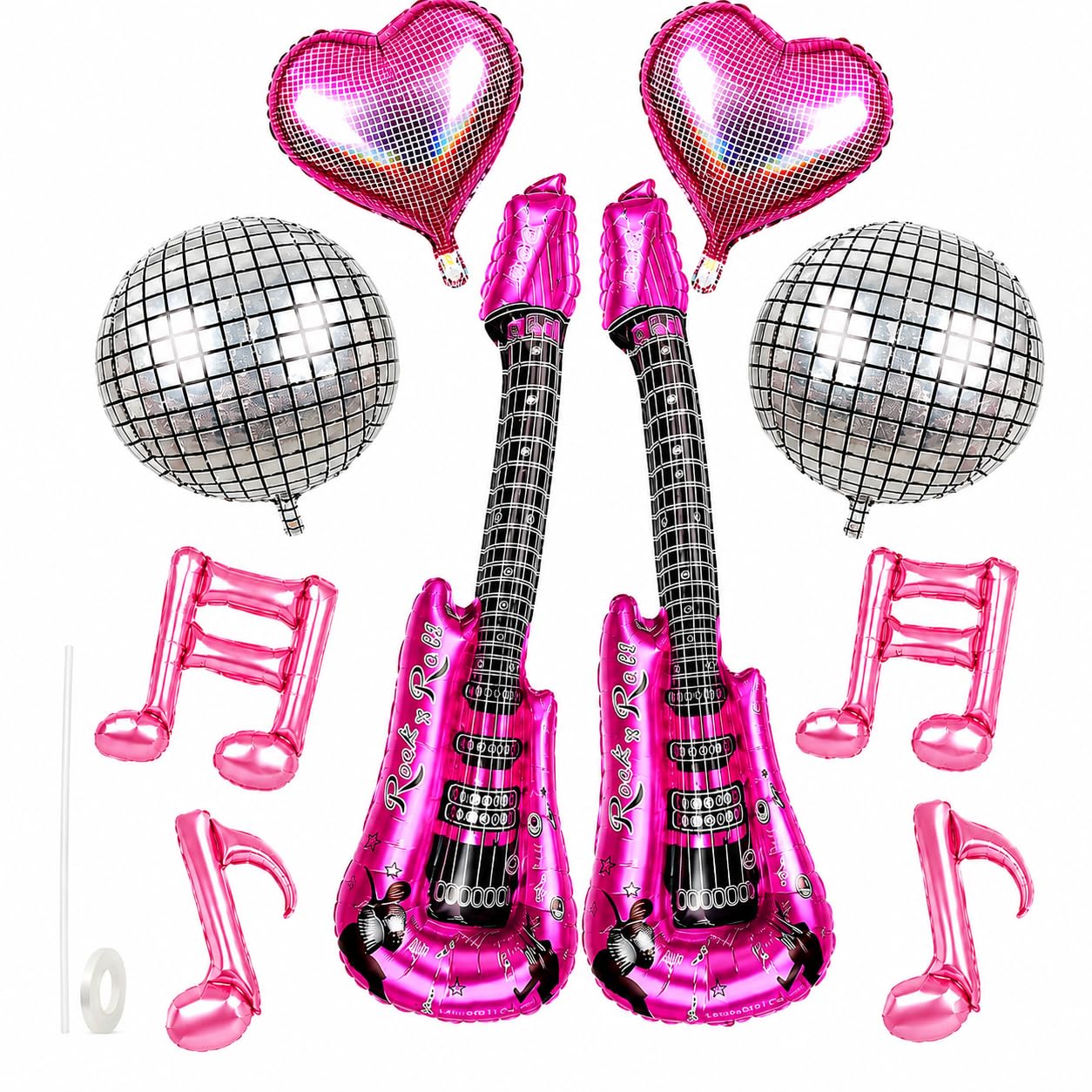 10PCS Disco Party Decorations Ball Balloons, Pink Purple Music Party Decorations with Guitar, Heart and Music Note Foil Balloons for Kpop, Birthday, Karaoke Night, DJ Party, New Year and Club