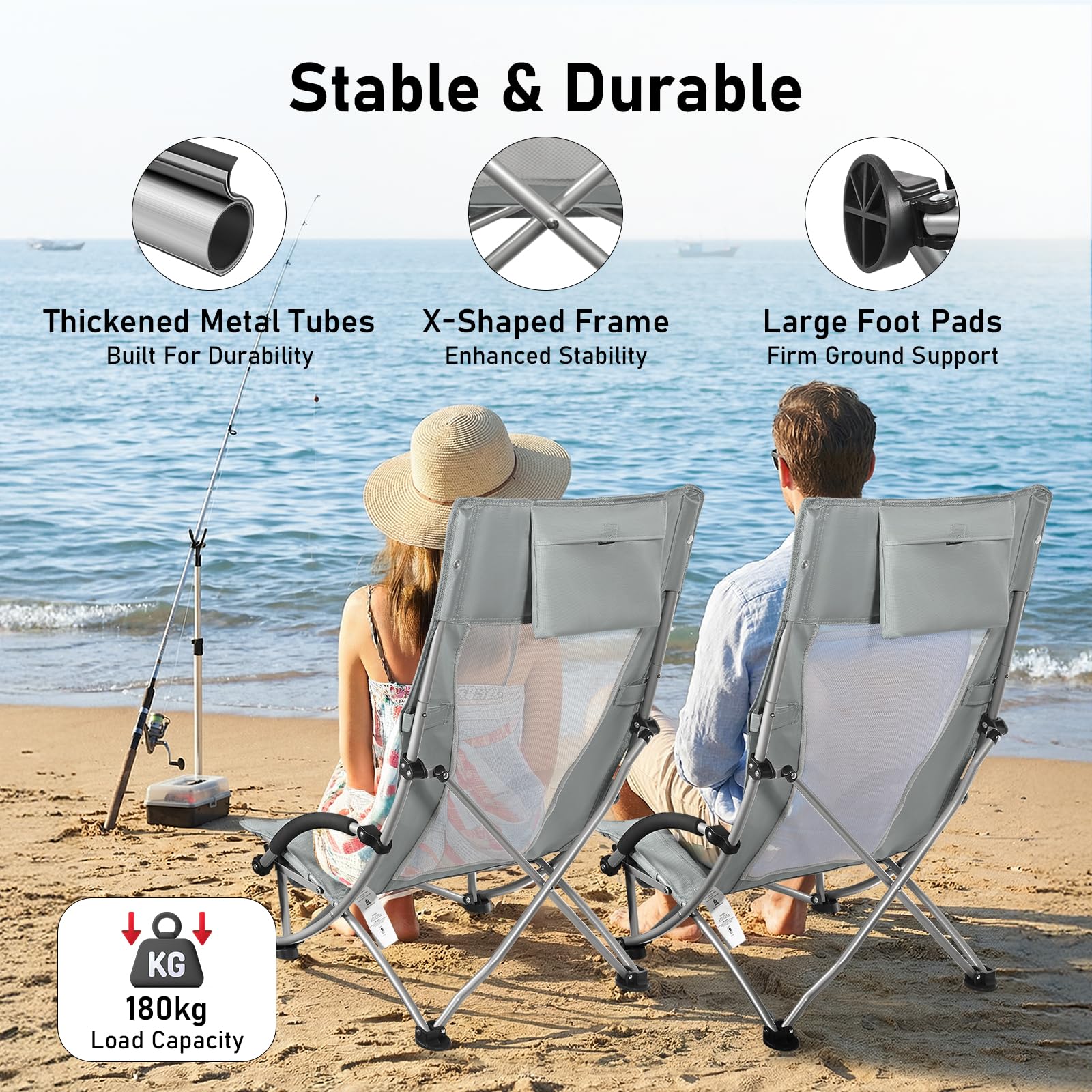 WildFun Silla de playa plegable, silla portátil de camping y pesca con respaldo alto, portavasos, soporta 180 kg para viajes, al aire libre, barbacoa, picnic, festival (2 unidades, gris)