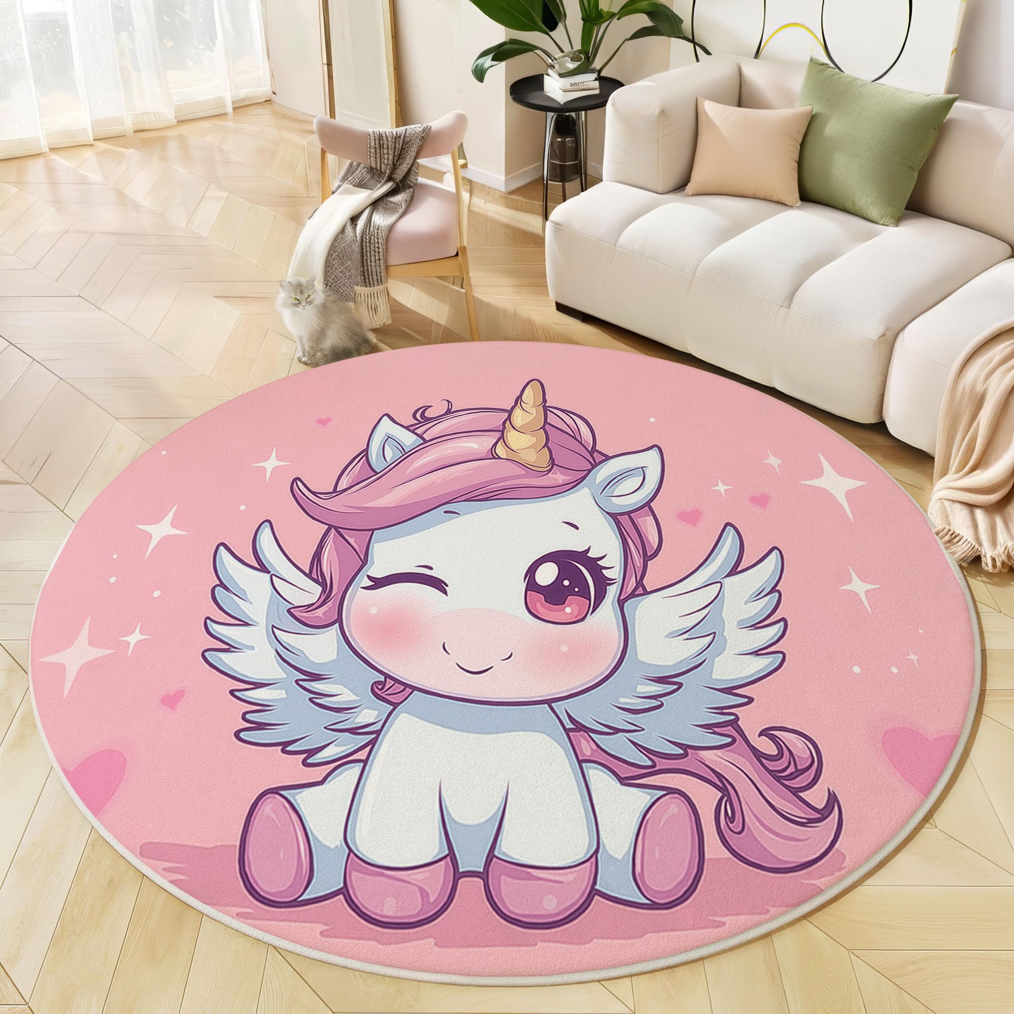 Kinderteppich Rund, Rosa Niedlicher Cartoon-Stil Süßes Einhorn, Kurzflor Waschbarer Teppich Extra Weich und Antiallergen für Jungen und Mädchen Spielzimmer 100cm