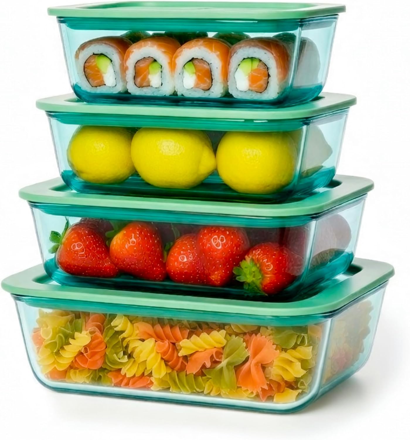 Crispa 8-Piece Teal Glass Food Storage Containers with Silicone Framed Glass Lids – 100% Plastic-Free Lunch Box Meal Prep Set (2x 40oz, 2x 20oz) – Leakproof Airtight Borosilicate for Freezer to Oven