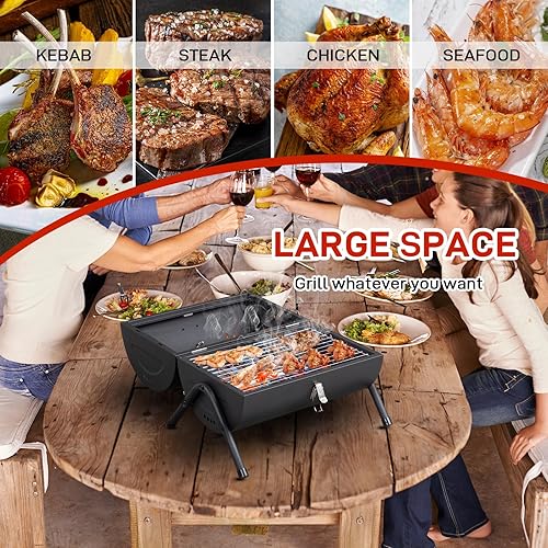 Miniatura 4 de Outvita Parrilla de carbón portátil, parrilla plegable para barbacoa al aire libre con accesorios de barbacoa y tapa para cocinar, camping, picnic,