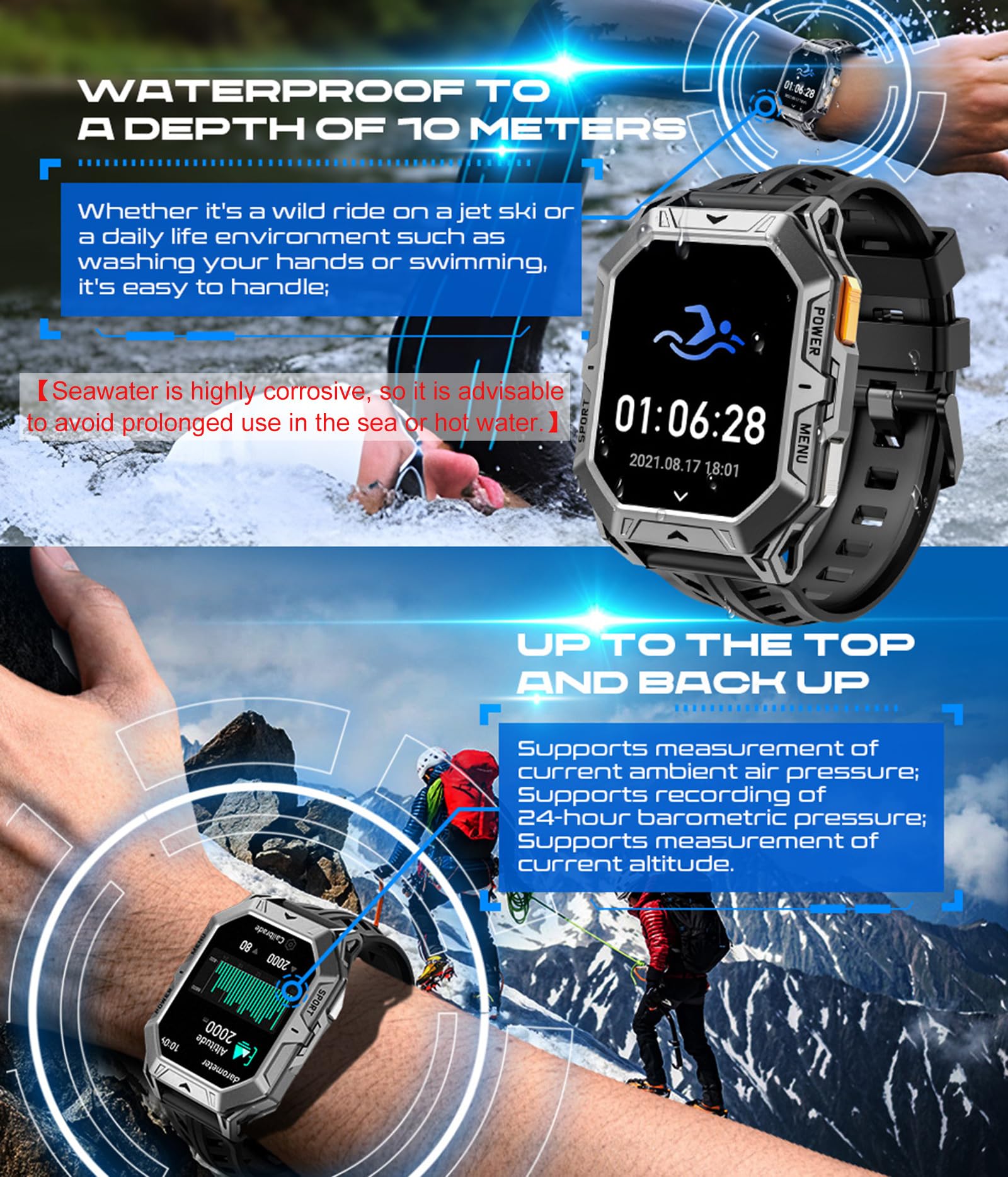 Smartwatch Herren Militär Uhr 100 Tage Akkulaufzeit Sportuhren Herren mit Kompass Höhenmesser Barometer IP68 Wasserdicht Fitnessuhr Pulsmesser Blutdruck 2,13" AMOLED Display Smart Watch Android iOS
