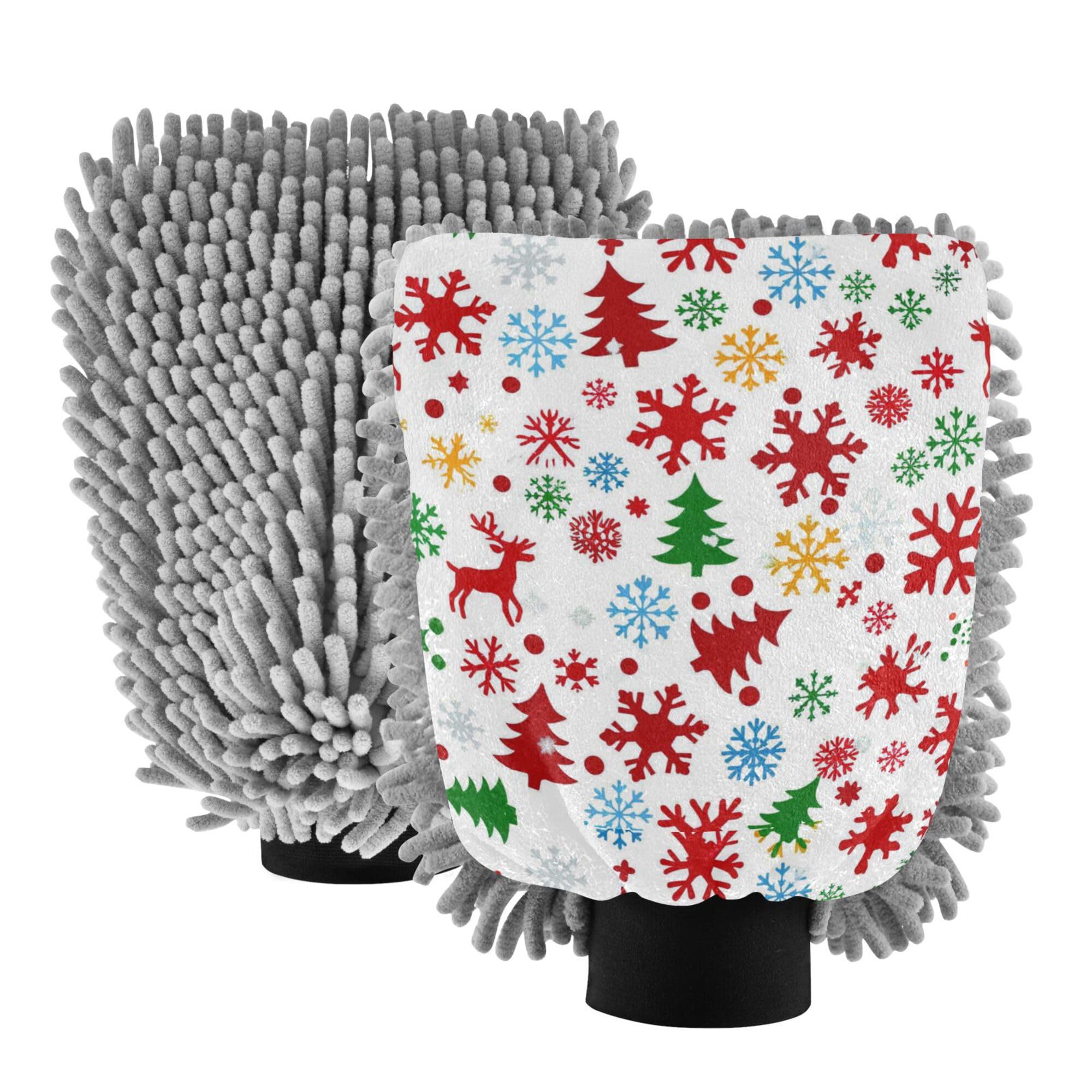Christmas Tree Snowflake Colorful Car Wash Microfiber Mitt 11.8'' Washing Mitts Scratch Free Detailing Gloves for Wash Drying