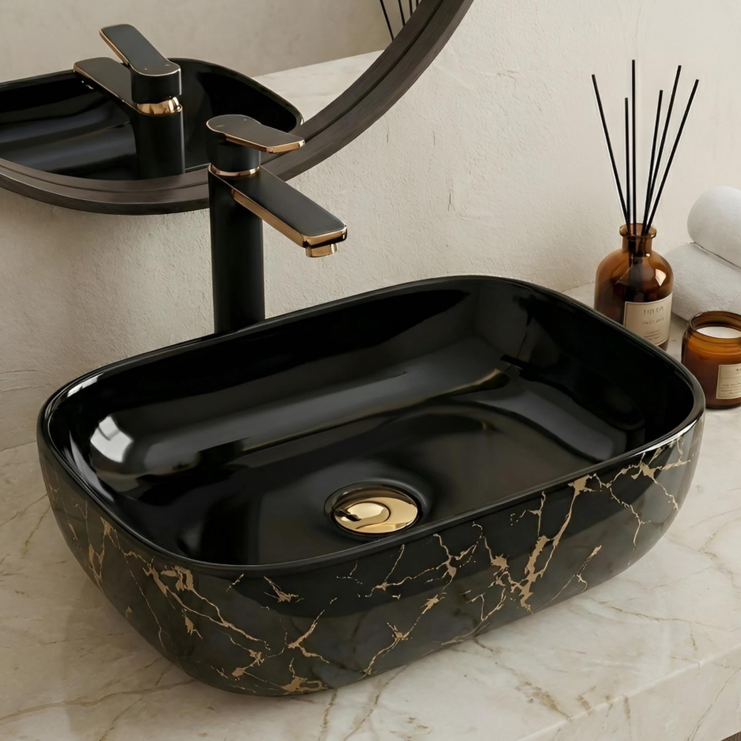 BASSINO Art Ceramic Wash Basin for Bathroom, Living Room, Hall, Dinning Room/Decorative Tabletop Sink for Kitchen/Countertop Vessel Sink for Hotels-High Glossy Black & Gold-(18x13x5 Inch)