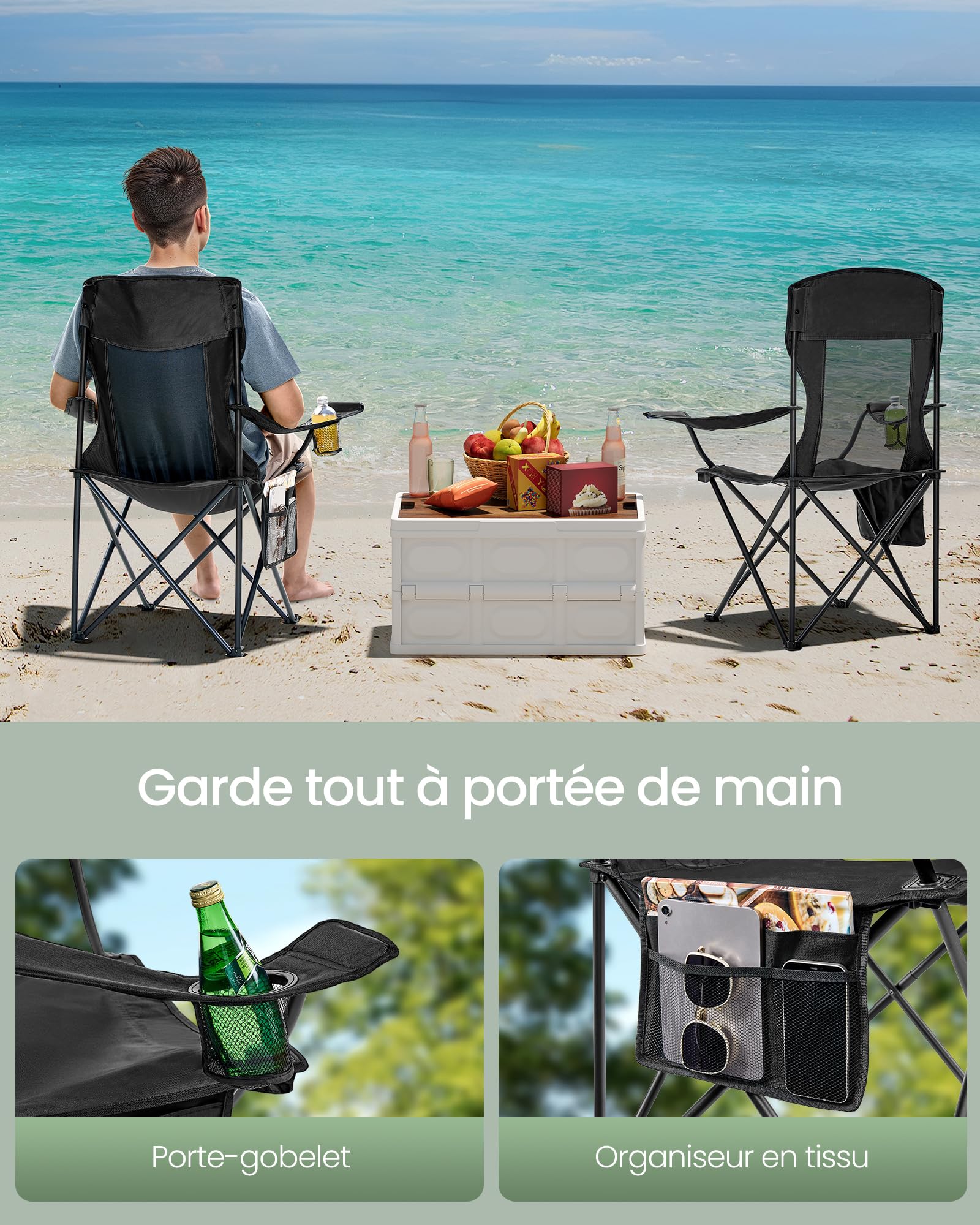 SONGMICS Chaises de Camping Respirantes, Lot de 2, Pliantes, Dossier Haut, Accoudoirs Réglables, Porte-Gobelet, Supporter Jusqu'à 150 kg, pour Jardin, Sport en Plein Air, Noir d'encre GCB028B02
