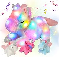 Vista 1 de Hopearl Unicornio de peluche musical LED con juego de luces, canta y da calma, unicornio mamá con 3 unicornios bebés en su barriga, canciones