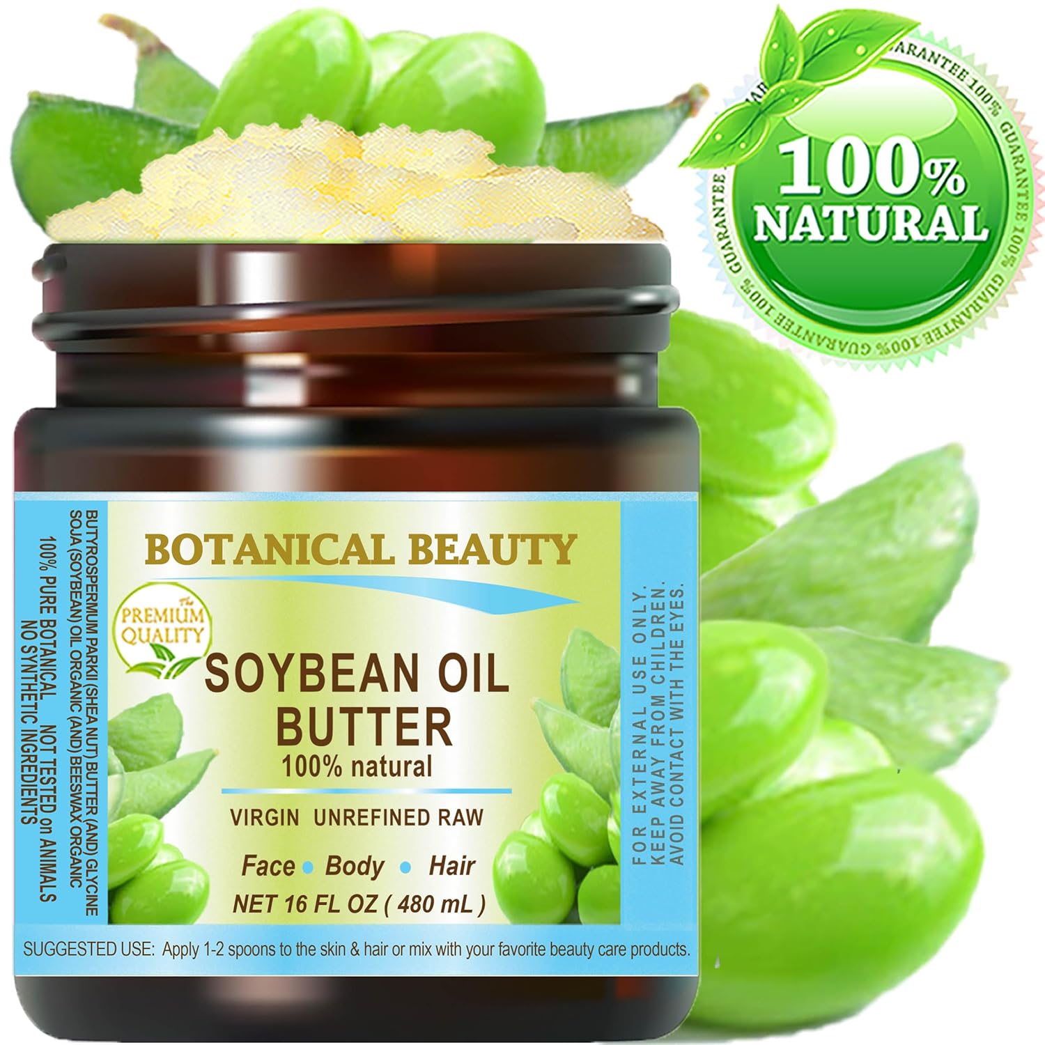 Botanical Beauty SOYBEAN OIL BUTTER 100% Natural Organic Soybean Oil in Shea Nut Butter for FACE, SKIN, BODY, HAIR, NAILS. Beauty Skin Nourishing, Moisturizer Oil Butter (16 Fl Oz)