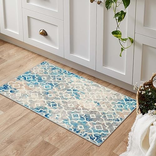 Miniatura 4 de Wonnitar Alfombra marroquí lavable, alfombra negra para puerta delantera, antideslizante, envejecida, moderna, geométrica, enrejado, para