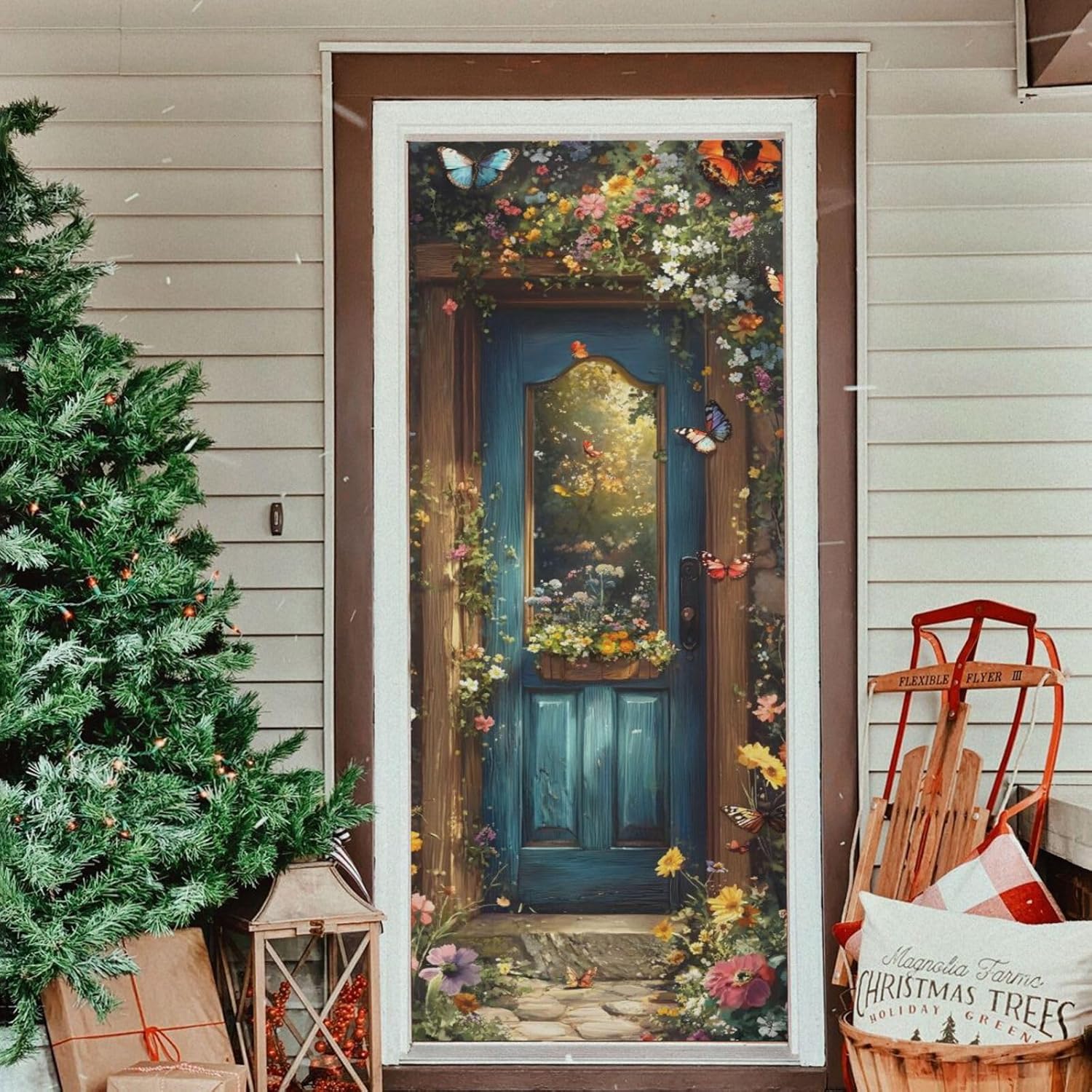 Burbuja Spring Flower Wood Door Cover, Stretch Fabric Backdrop Door Porch Covers for Home Party Holidays Decoration, 35x79 in