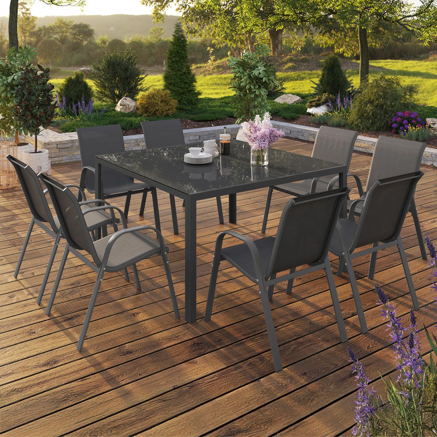 IDMarket - Salon de Jardin Madrid Table carrée 130 CM et 8 chaises empilables Gris Anthracite