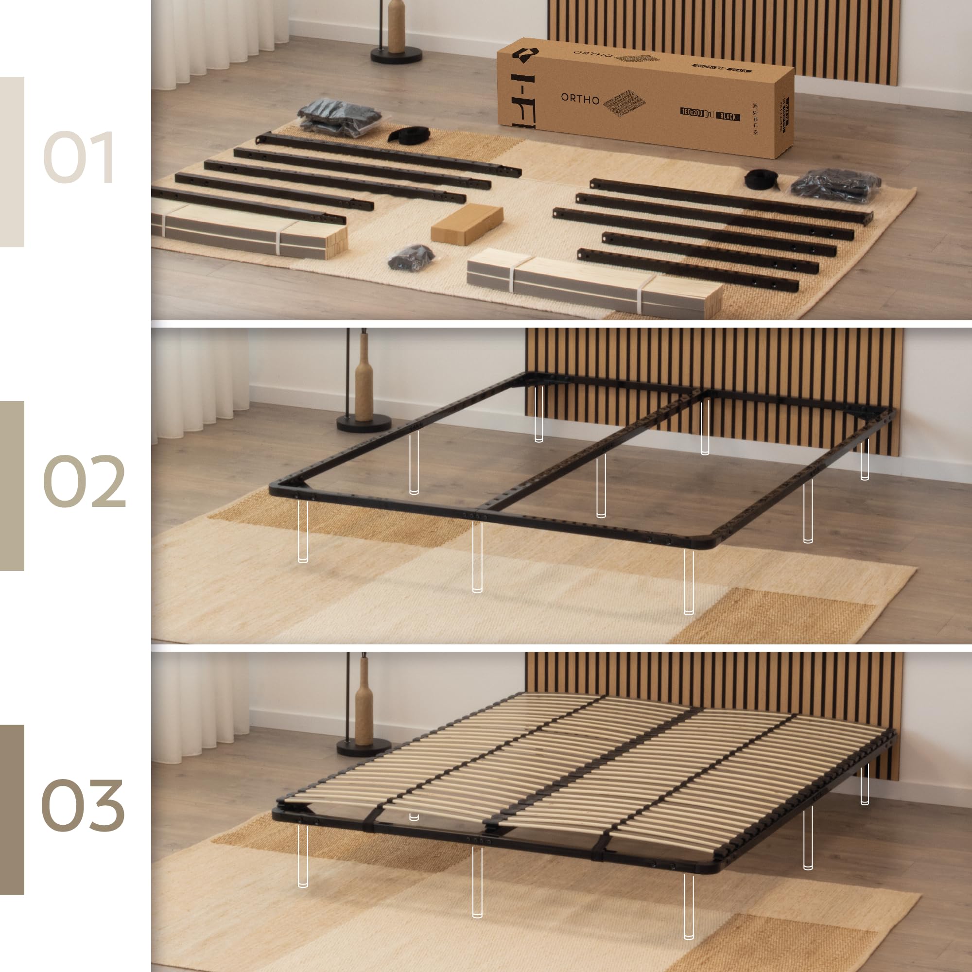 i-flair® Ortho Lattenrost 160x200cm Lattenrahmen mit 56 Federholzleisten und Mittelgurte, Stabiler Stahlrahmen für alle Matratzen geeignet