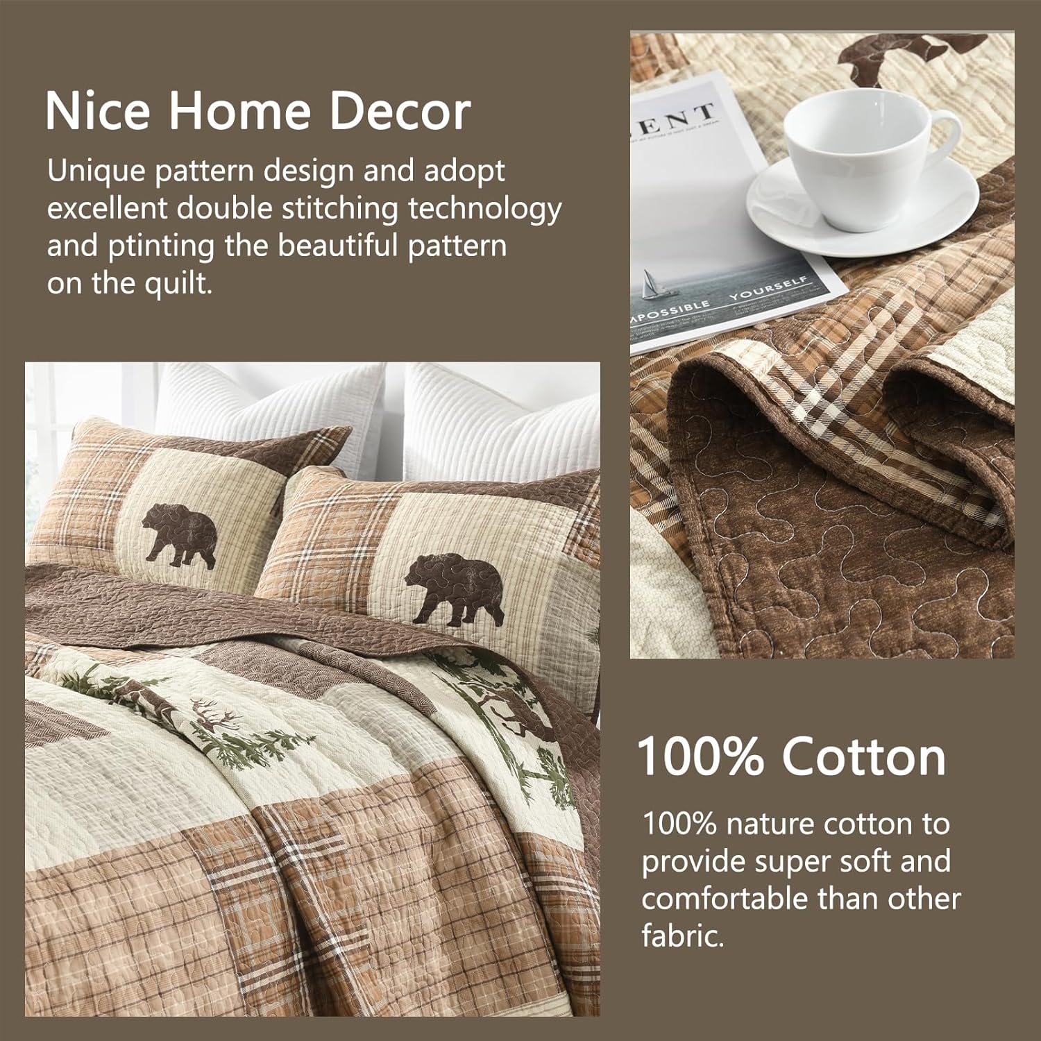 Finlonte Cabin Quilt Set Queen Size, 100% Cotton 3 Pieces Comforter Sets, Lodge Farmhouse Plaid Quilted Bedspread Coverlet Bedding Set for All Season (98"x90")