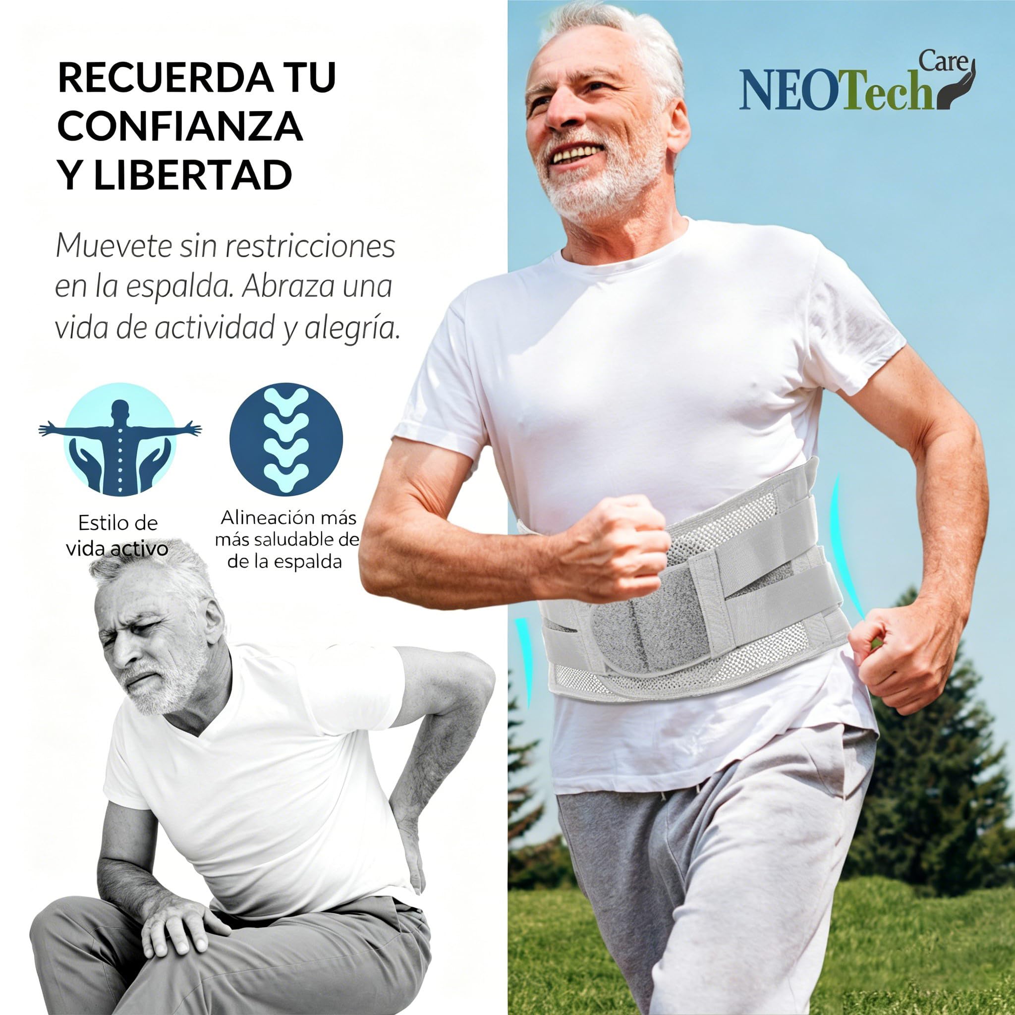 NEOtech Care Faja de espalda ULTRA LIGERA - Apoyo lumbar/para la postura - Tejido transpirable para el ejercicio - Compresión adaptable (Gris XL)