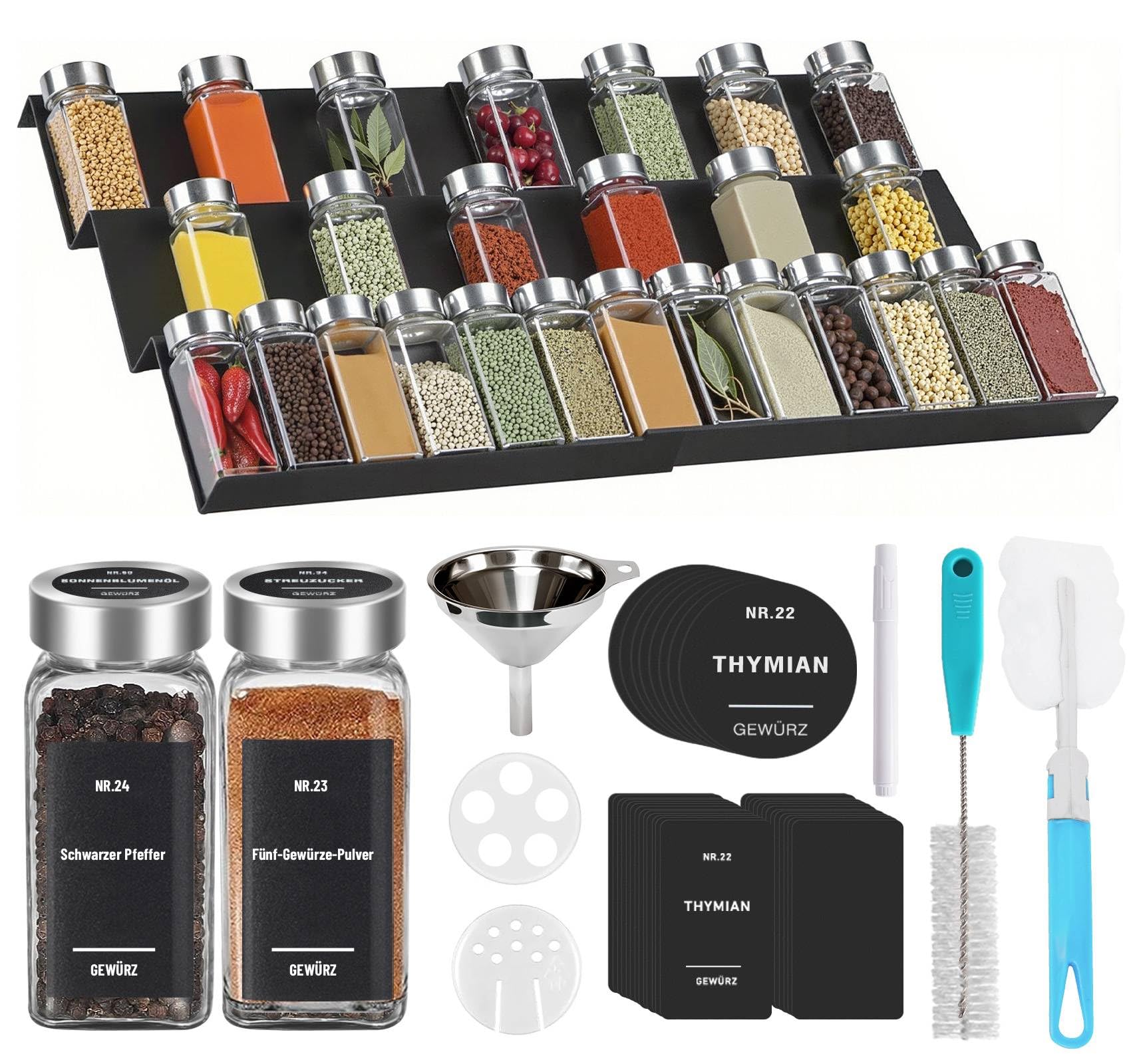 72er Set Eckige Gewürzgläser 120ml mit 18er Gewürzregal Schublade Einsatz für Ordnung in der Gewürzschublade, Gewürzdosen mit Luftdichte Edelstahl Deckel, inkl. 900 Etiketten & Zubehör