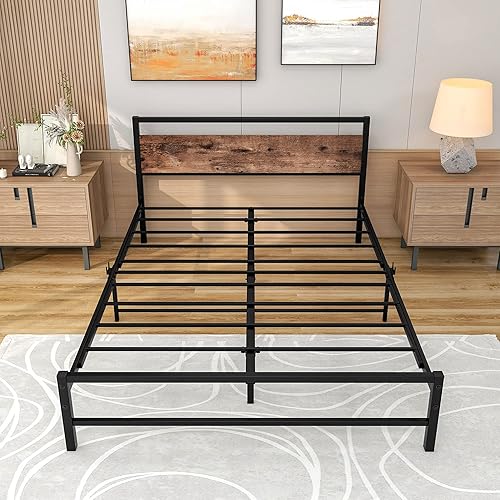 Miniatura 8 de Base de cama de metal negro de tamaño matrimonial con cabecera de madera vintage, plataforma completa resistente con almacenamiento, sin ruido, no