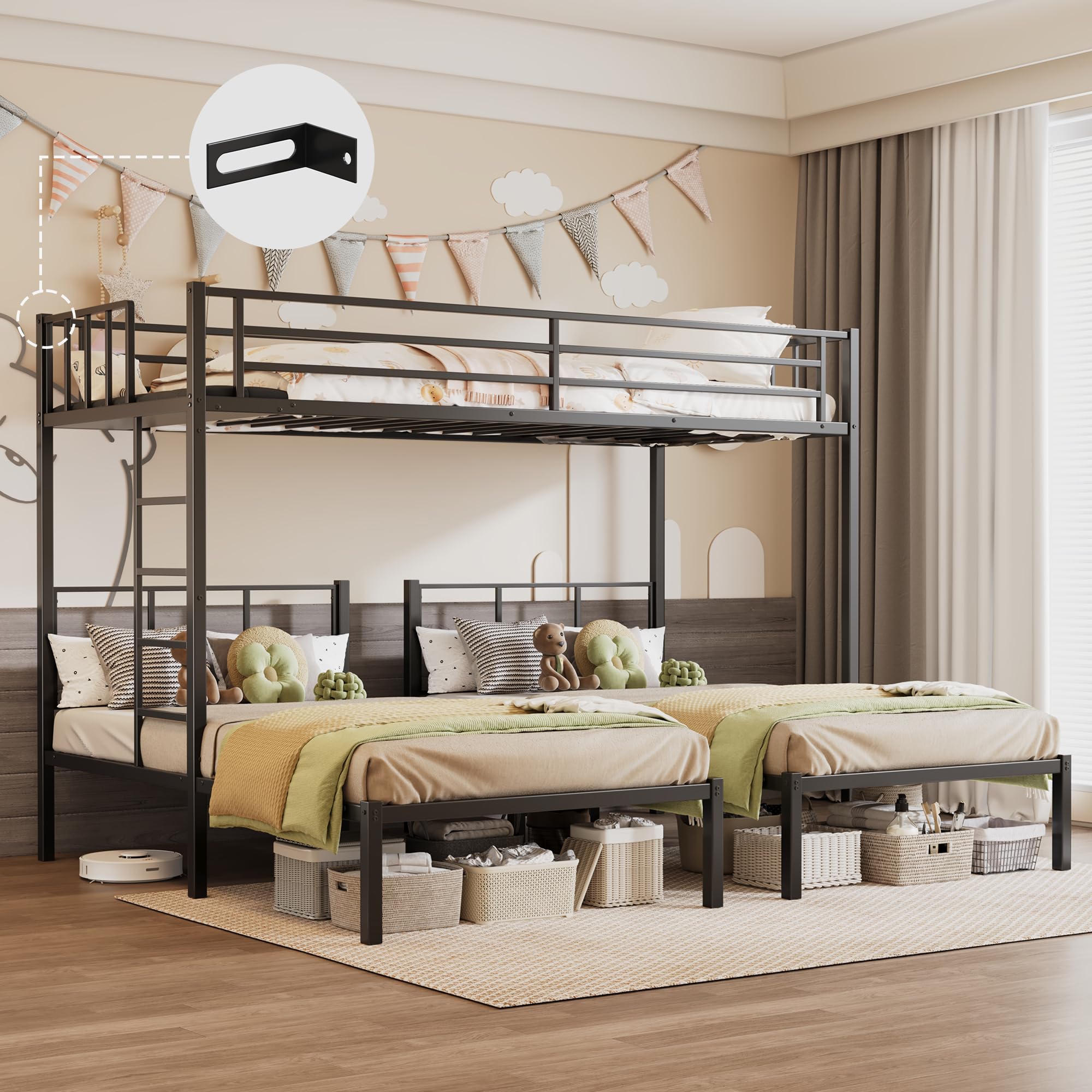 View 1 of **MISSING PARTS** FAVSH Metal Triple Bunk Bed with Charging Station, Twin