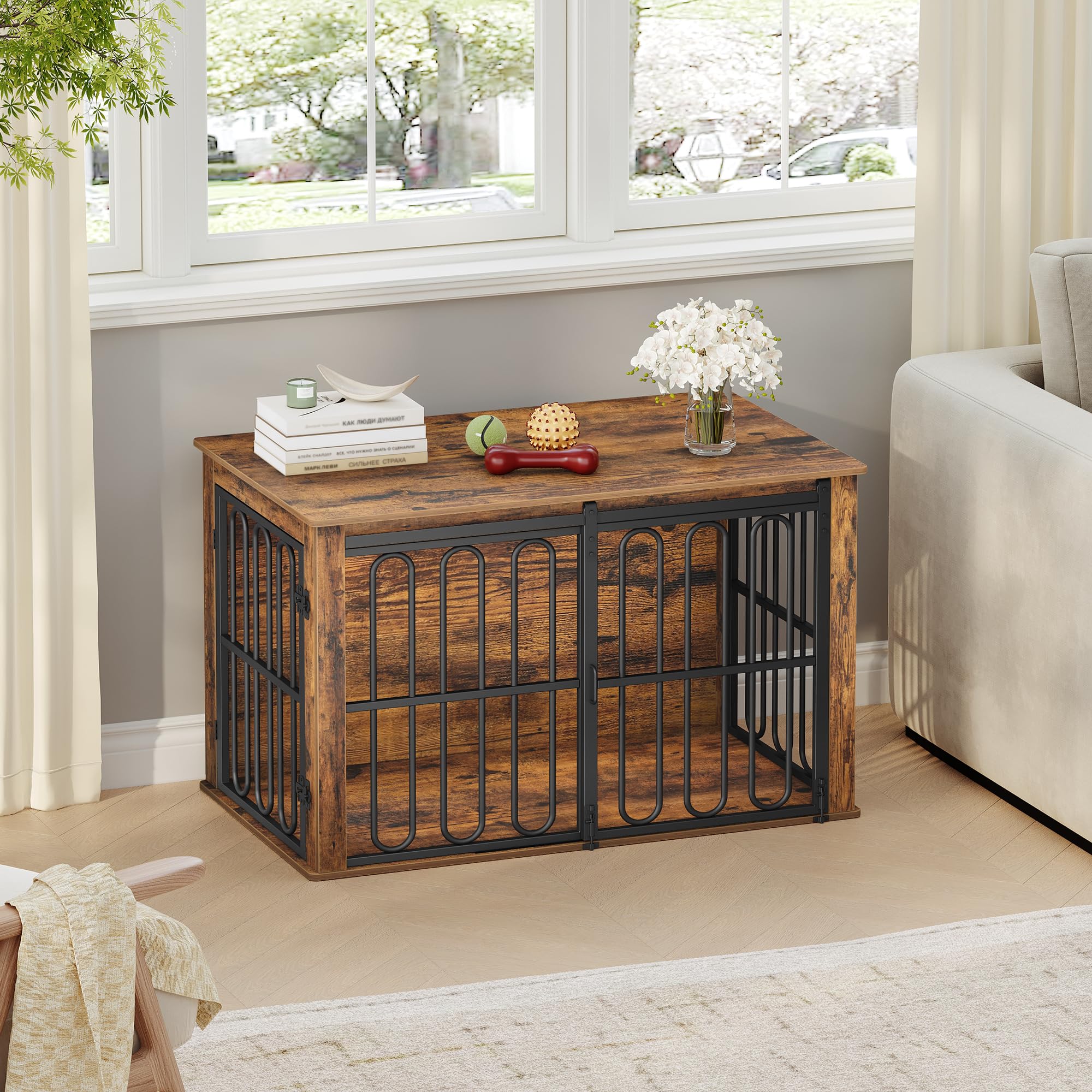HEXCELEN Cage pour Chien avec Porte Coulissante, 2 Portes, Table d'appoint, pour Petits et Moyens Chiens, Marron, 100 x 60 x 62,4 cm