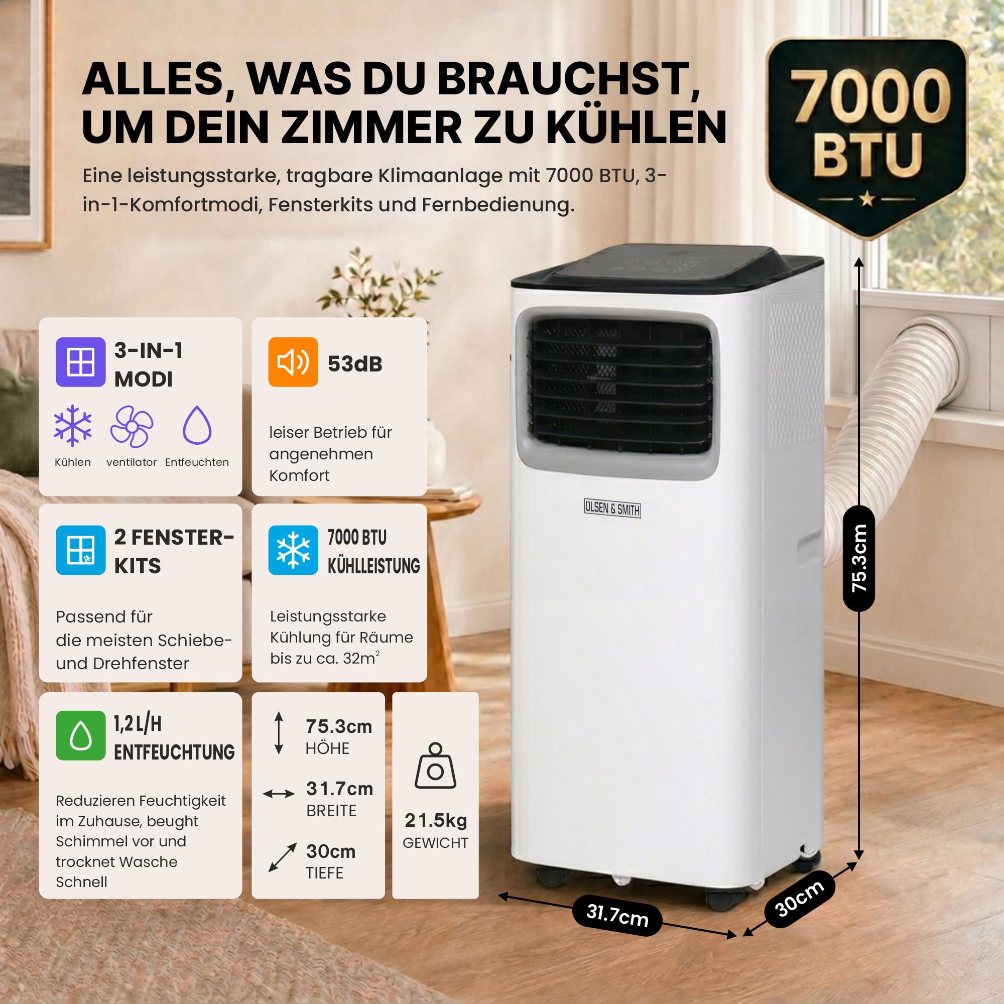 Olsen & Smith 7000 BTU Mobile Klimaanlage & Luftentfeuchter - 3-in-1 Klimagerät mit Abluftschlauch für kleine Räume, Schiebefenster-Adapter, 24h-Timer & Fernbedienung - Leise Mini Klimaanlage, Weiß