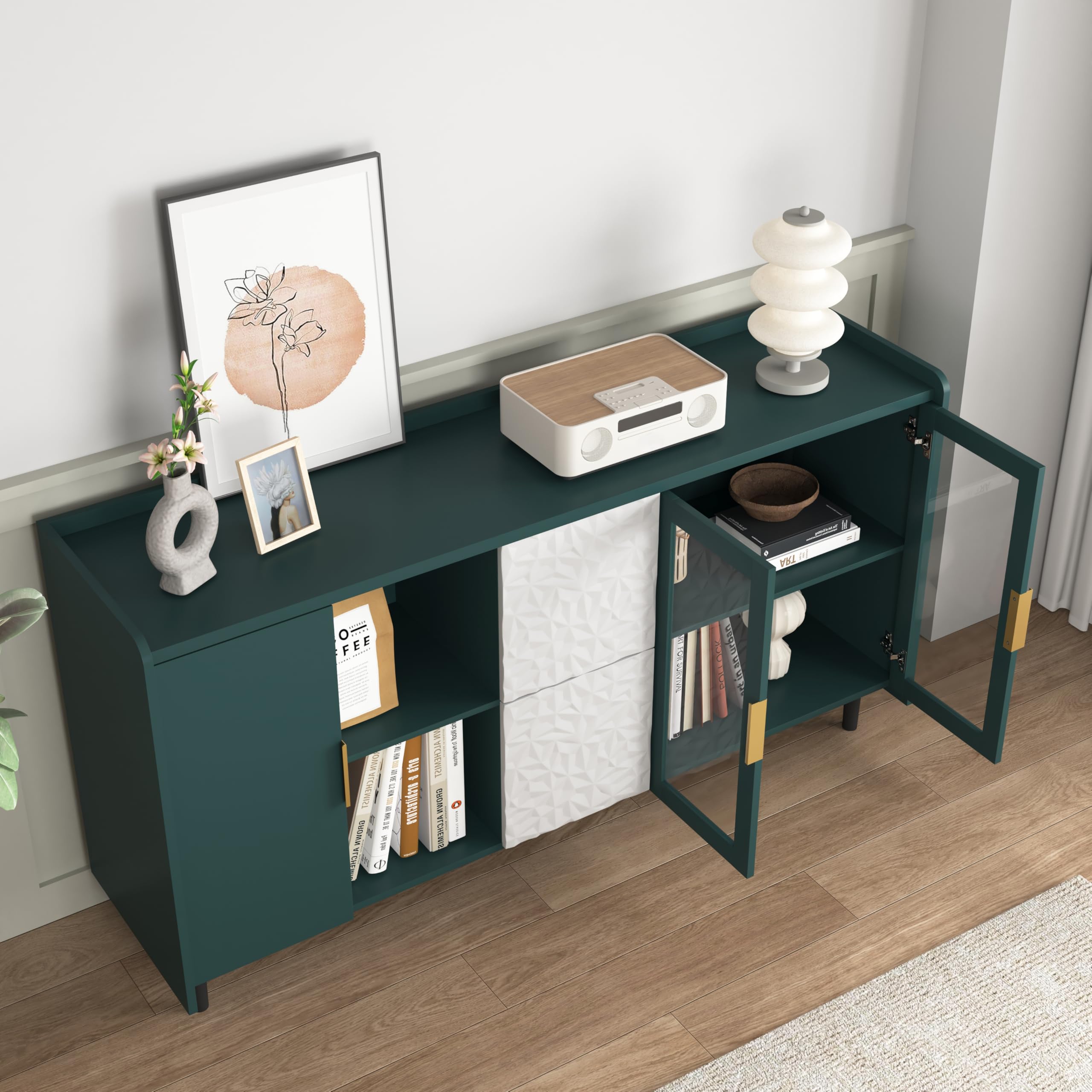 Credenza Cucina 150 Cm Con 2 Ante In Vetro 2 Cassetti 2 Vani Aperti Coffee Bar In MDF Piano Grande Per Elettrodomestici Mobile Cucina Dispensa Per Cucina E Soggiorno