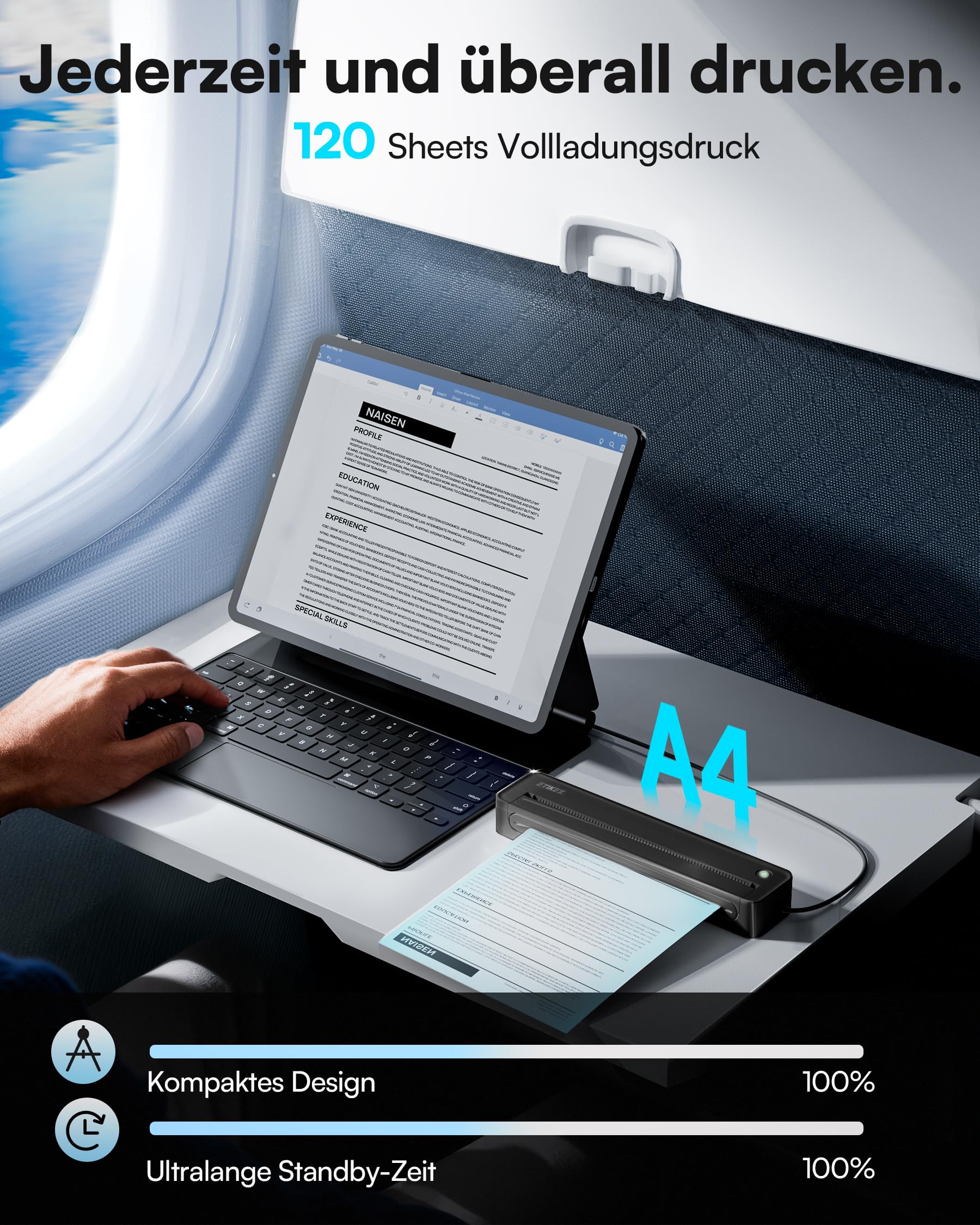 D90E Thermodrucker A4, Mobiler Tragbarer Drucker für Unterwegs, Büro, Schule & Zuhause, Kompatibel mit Windows/macOS/iOS/Android, Monochromer Reisedrucker, Schwarz, 1 Pack+ 10 Thermodruckpapier