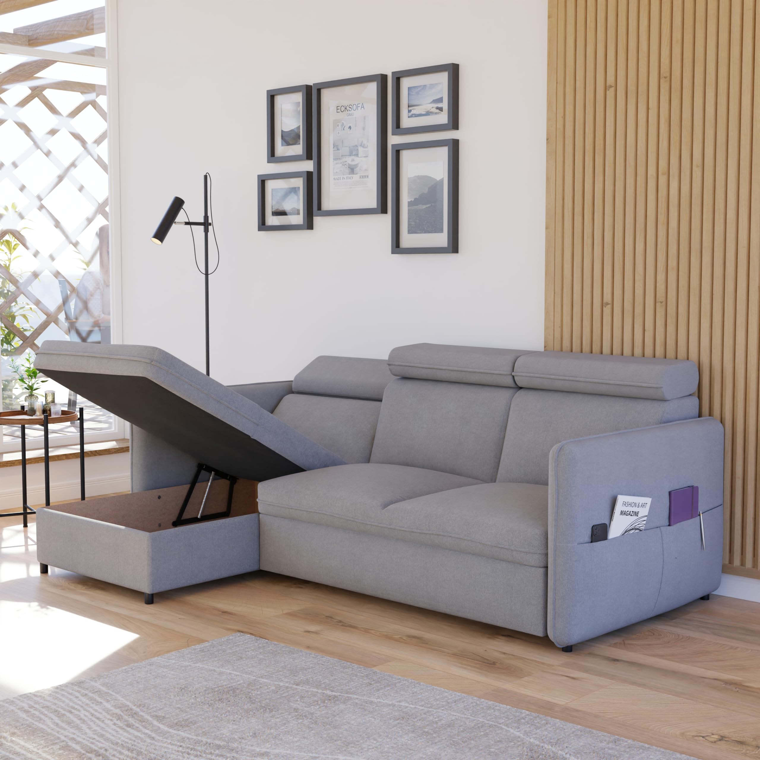 Ecksofa mit Schlaffunktion und Bettkasten 220 x 160 cm Hellgrau