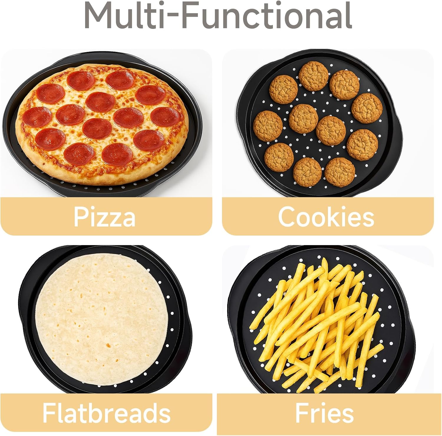 2 Pack 13 Inch Pizza Pan for Oven,Round Carbon Steel Pizza Pan with Holes, Pizza Tray with 2 Silicone Gloves，for Baking, Grilling
