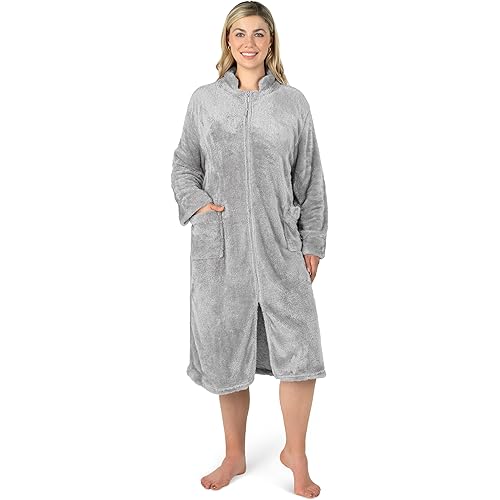 PAVILIA Womens Housecoat Zip Robe, Sherpa Zip Up Front Robe Bathrobe, Plush Warm Zipper House Coat Lounger, Pockets Fluffy