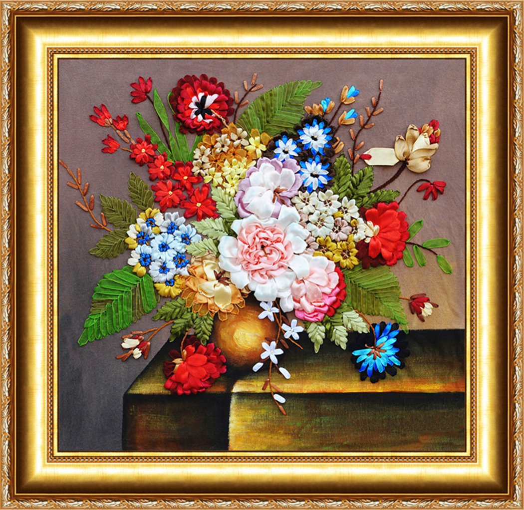 AureateHandmade Ribbon Embroidery Kits Canvas 3D Wall Art Home Decoration DIY Needlepoint Tapestry Hanging Gift Floral Leaves Bloom 21"×23"