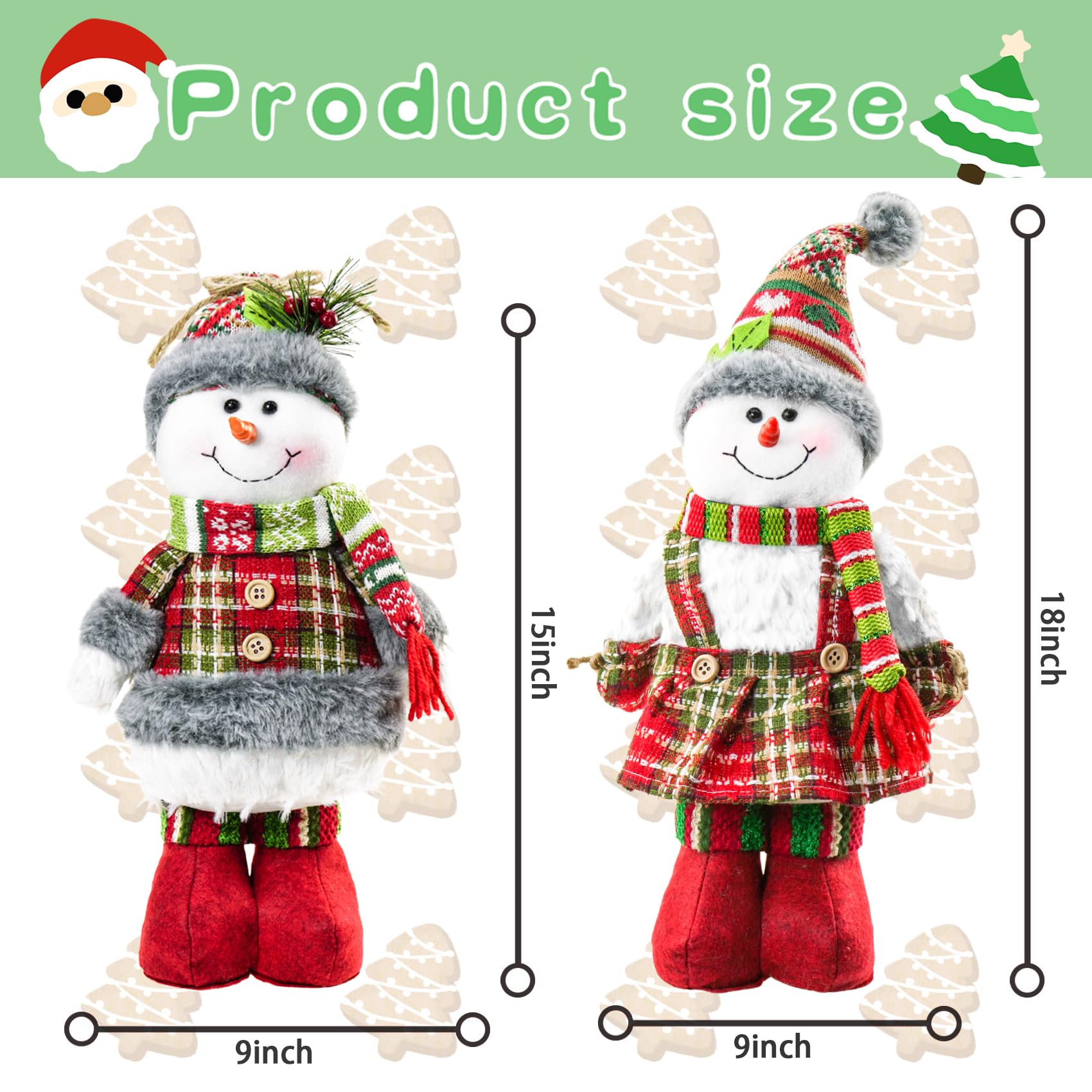 Juego de 2, muñeco de nieve de Navidad de pie de 18 pulgadas de alto, muñeco de nieve de peluche suave con bufanda de punto rojo y sombrero, decoración de Navidad, decoración de mesa para