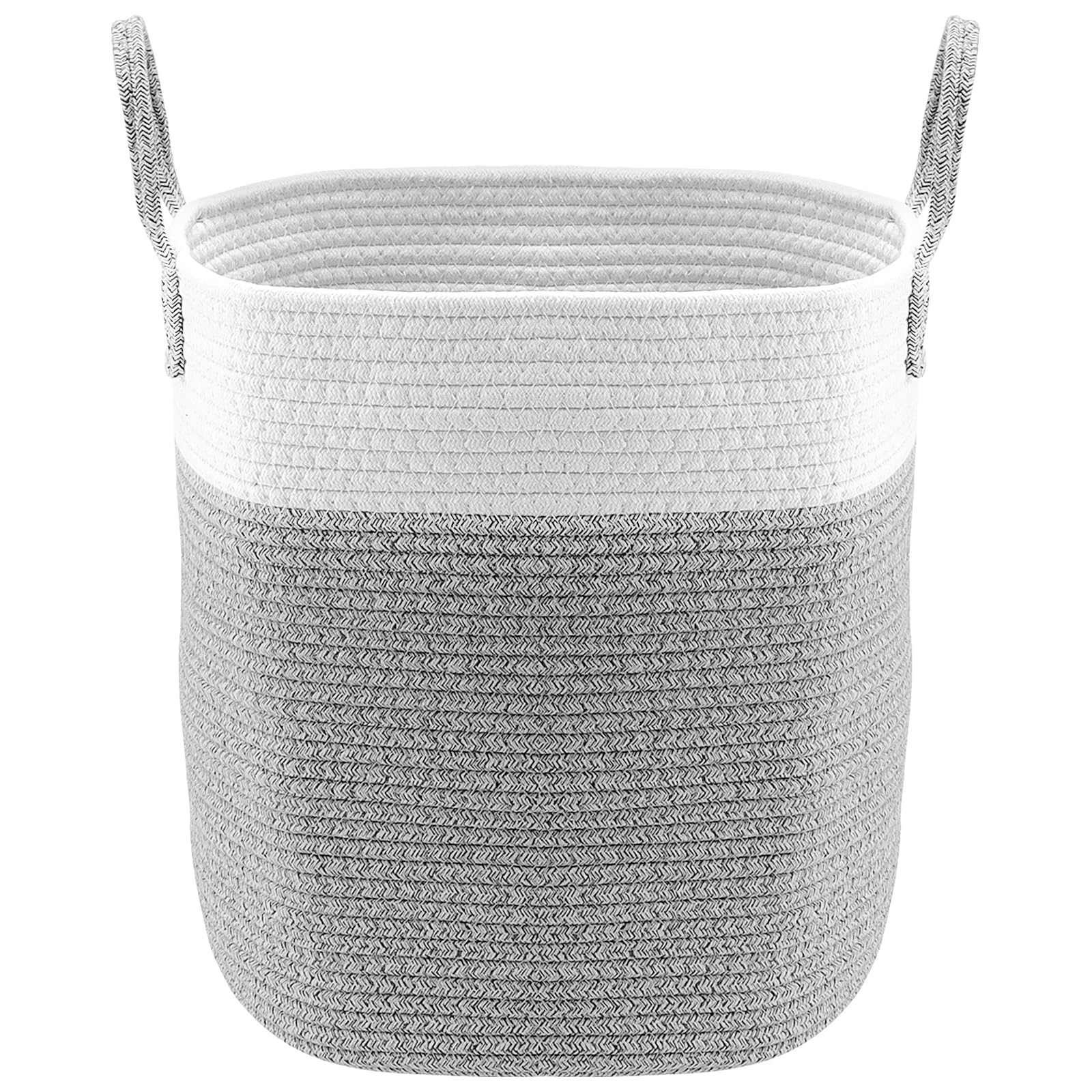 Cesto in cotone con manico, 33 x 33 x 43 cm, cesto portaoggetti rotondo in tessuto, cesto portabiancheria intrecciato con patchwork grigio in corda di cotone per asciugamani, pannolini,