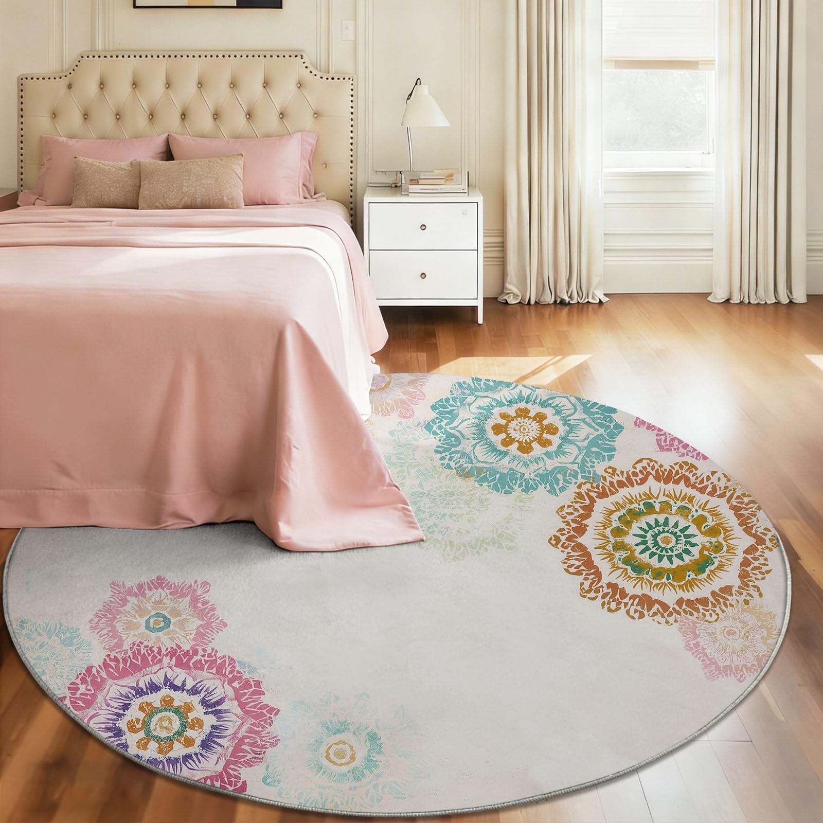 Blumen Mandala Teppich Rund Schlafzimmer 120 cm, Traditionell Fein rutschfest Teppich Waschbar, Beige Kurzflor Weich & Sicher Teppiche für Studie Büro