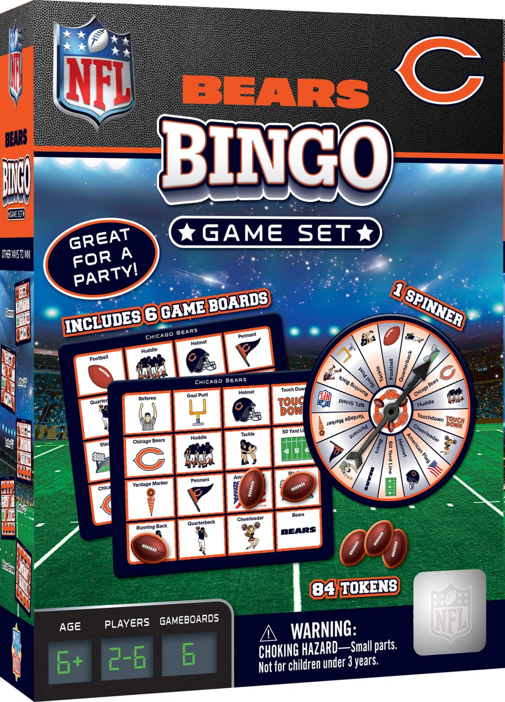 MasterPieces NFL Bingo, oficjalnie licencjonowany mecz piłki nożnej Denver Broncos, zestaw zawiera spinner, 84 niestandardowe żetony, 6 kart bingo, zabawa rodzinna i imprezowa dla 2-6 graczy