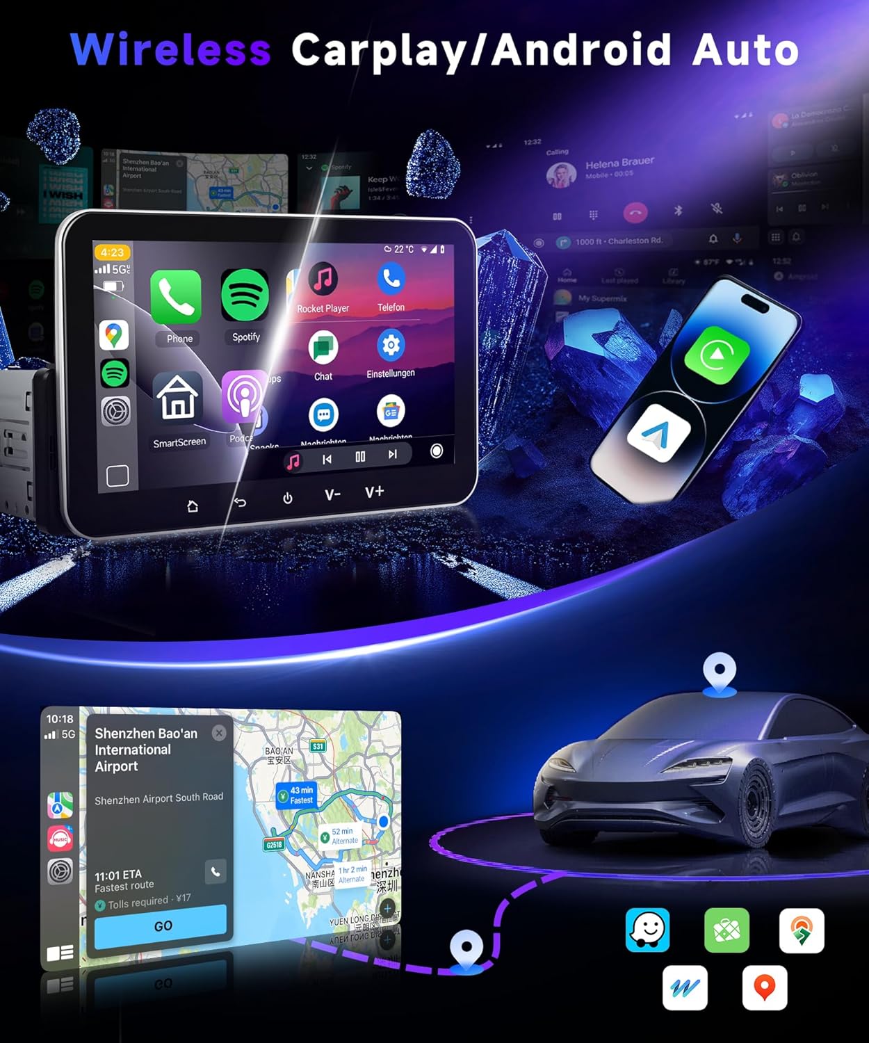 VECHTEL Car Radio displaying Wireless Carplay and Android Auto interfaces, showing various app icons and navigation on the screen.