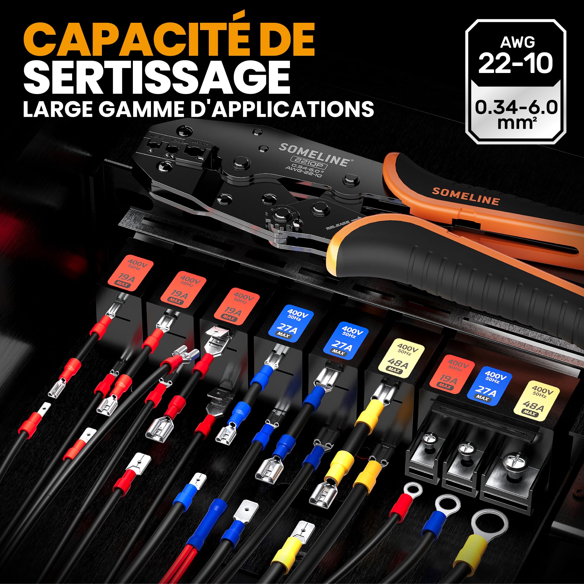 SOMELINE Pince à Sertir, Pince à Sertir Cosse Electrique 0,34-6 mm² avec 39 Tailles de Cosses Electriques à Sertir,avec Pince à Dénuder, Cosse à Sertir, Cosses de Câble Isolées, Pince Sertir Cosse