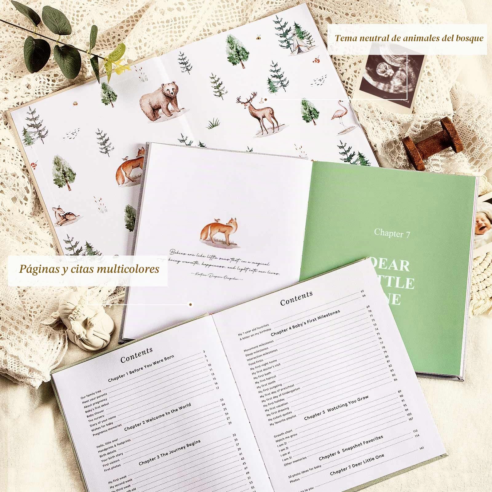 Lanpn Album Bebe Primer 5 Año para Niña Niño, Libro Recuerdos Bebé para Pegar Fotos y Escribir, Hello Baby Libros Cuaderno Diario Álbum Fotos Bébé Regalo Recién Nacido (Verde,154 Páginas, Inglés)