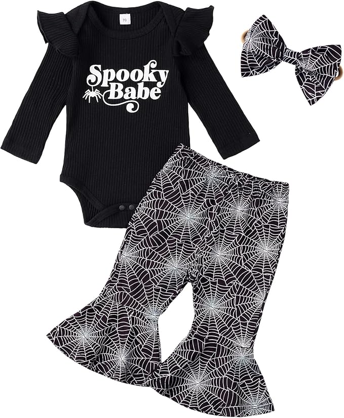 My First Halloween Baby Girl Outfit Newborn Pumpkin Romper Bell Bottom Pants Headband Outfits Set