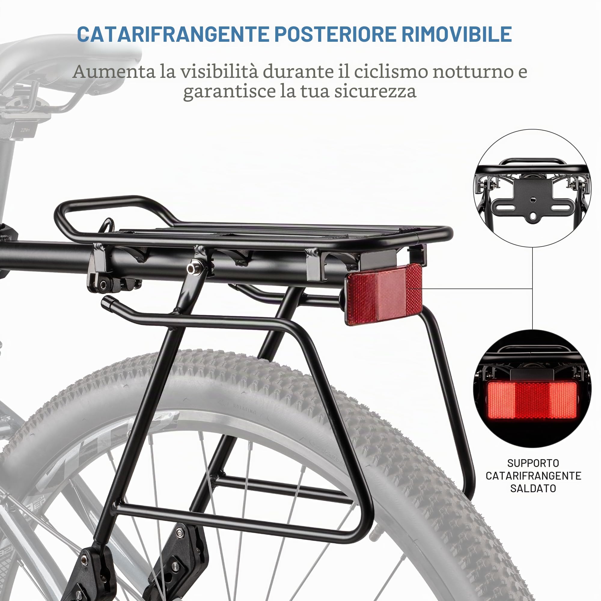 Portapacchi per bicicletta posteriore, regolabile, universale, in lega di alluminio con riflettore, per MTB, mountain bike, bici da corsa da 24 – 29 pollici