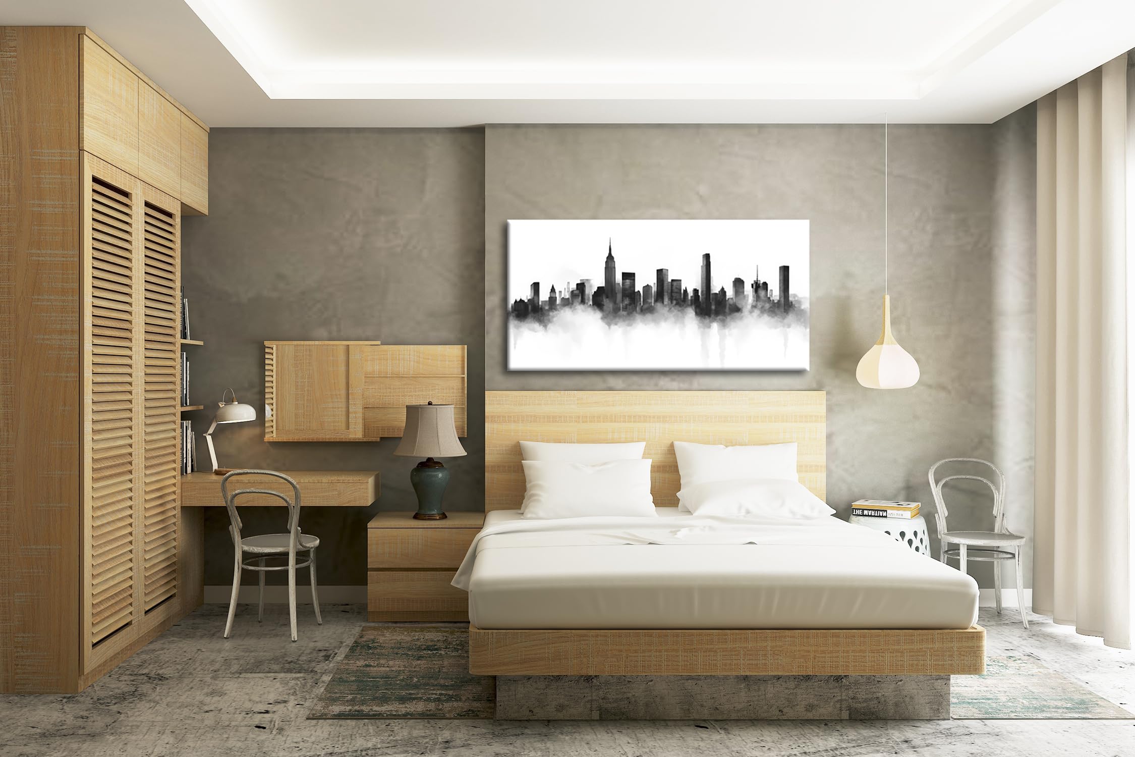 Schwarz-weiße Skyline, in Nebel gehüllt, zeigt urbane Eleganz Panorama 120x60cm Effekt:Schwarz&Weiß XXL Kunstdruck Motiv auf Holzrahmen/Leinwandbild/Wandbild/Wohnzimmer Dekoration