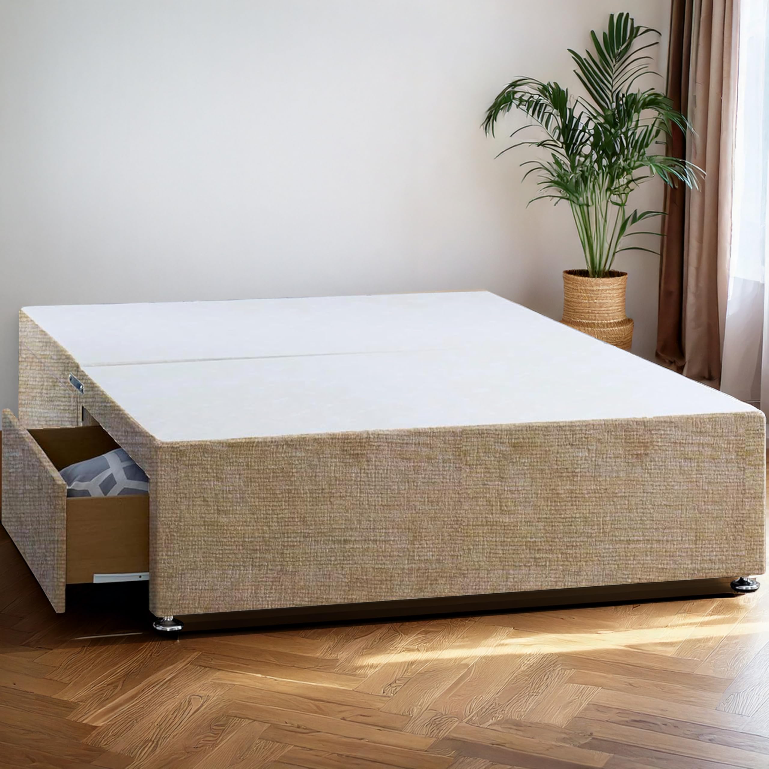ComfoRest, Bedding & Upholstery Innovation Leader Comfort24 3FT Divan Single Bed Base with Drawers in Chenille Fabric (2 Drawers + 3FT Single Divan Bed Base Only, No Headboard), Mink