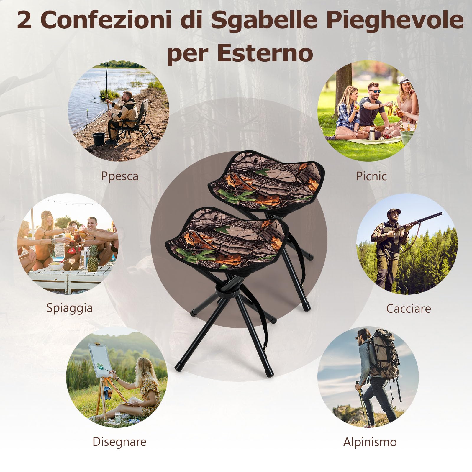 COSTWAY Set di 2 Sgabelli da Caccia Pieghevoli, Sedia Esterno Leggero | con Tracolla Sgabello Portatile Treppiede per Campeggio, Caccia, Pesca, Viaggi, Portata 150 kg