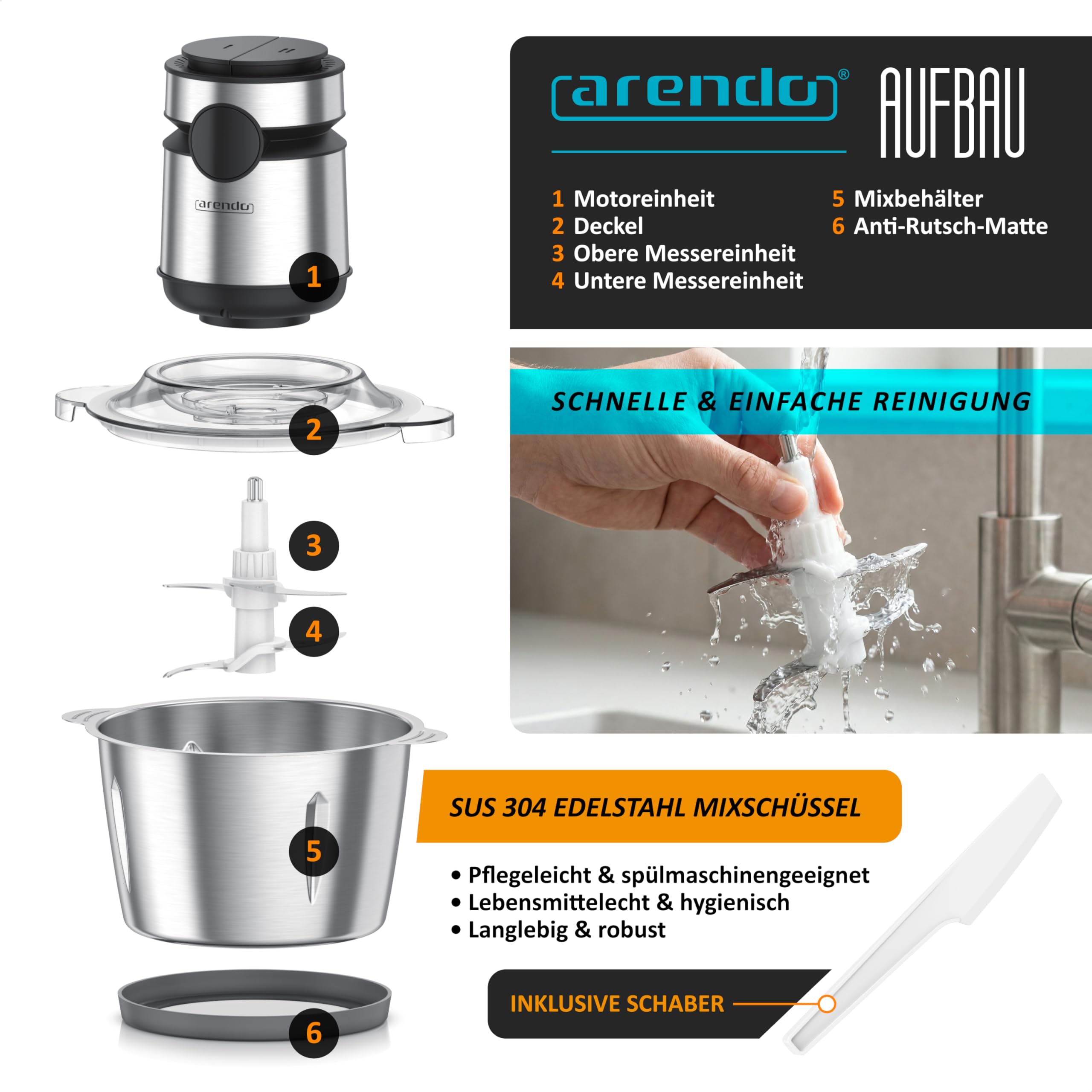 Arendo - Multi Zerkleinerer elektrisch Edelstahl – extra starker 500 W Motor – 2 L Fassungsvermögen – Universalzerkleinerer – mit Edelstahl-Mixbehälter – für Fleisch Nüsse Obst Gemüse u.v.m.