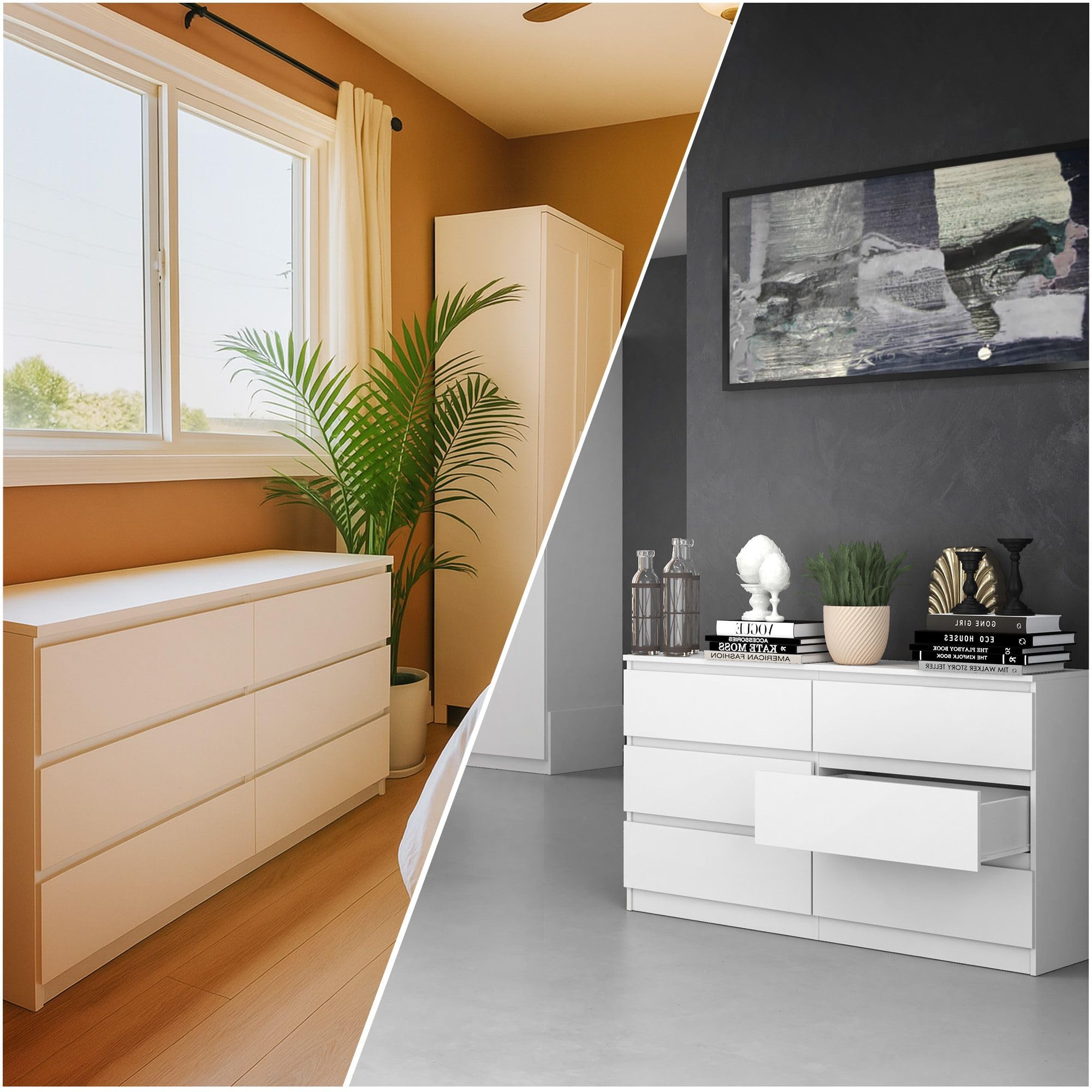 CDF Kommode Weiß mit 6 Schubladen 40 cm Tief Komodenschrank Komode für Wohnzimmer Schlafzimmer Schubladenschrank Malm Kommode viel Stauraum Geeignet Organizer Kleidung 138 cm Breite Modern Look