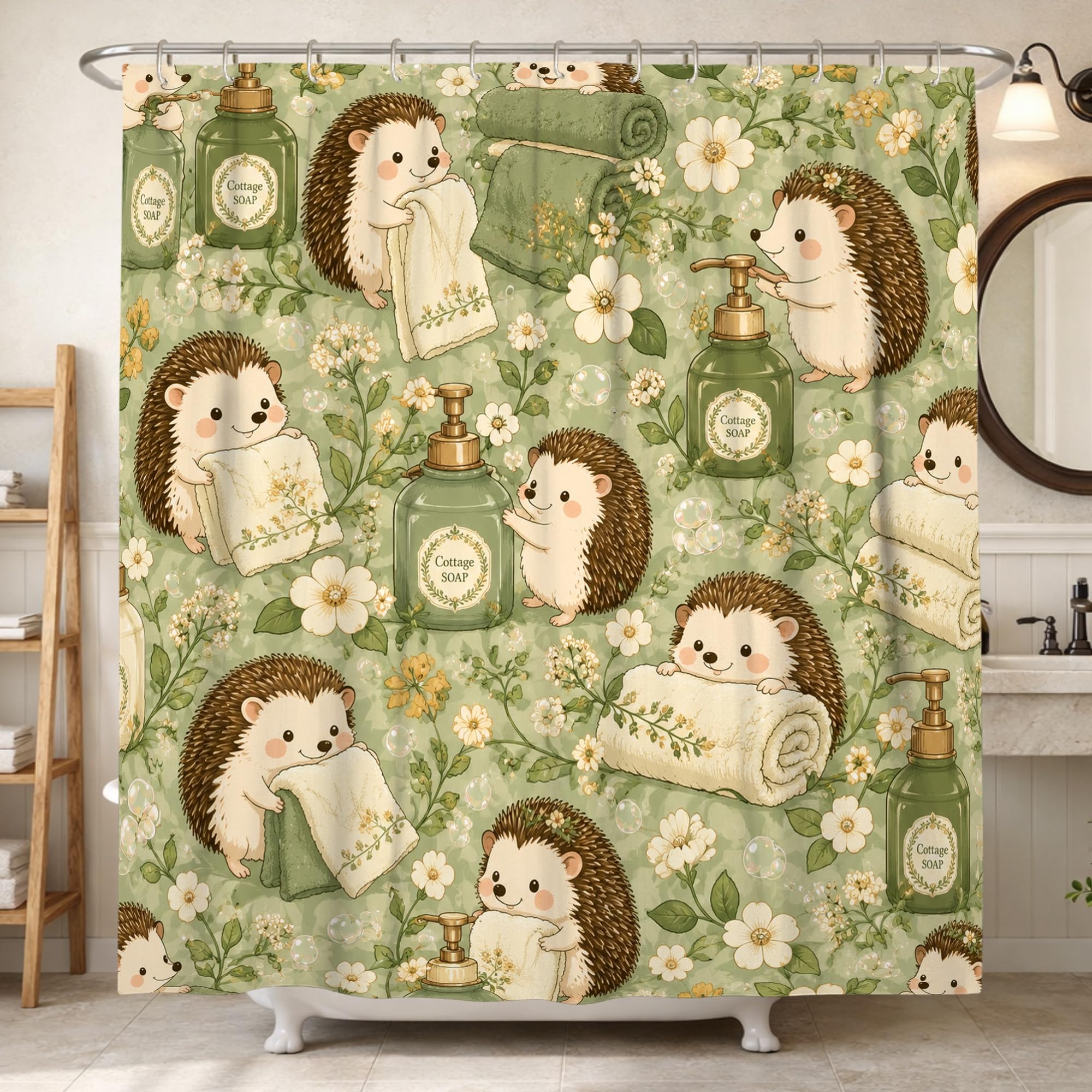 Rideau de douche hérisson vert printemps lavable 183x183 cm pour déco salle de bain cottage